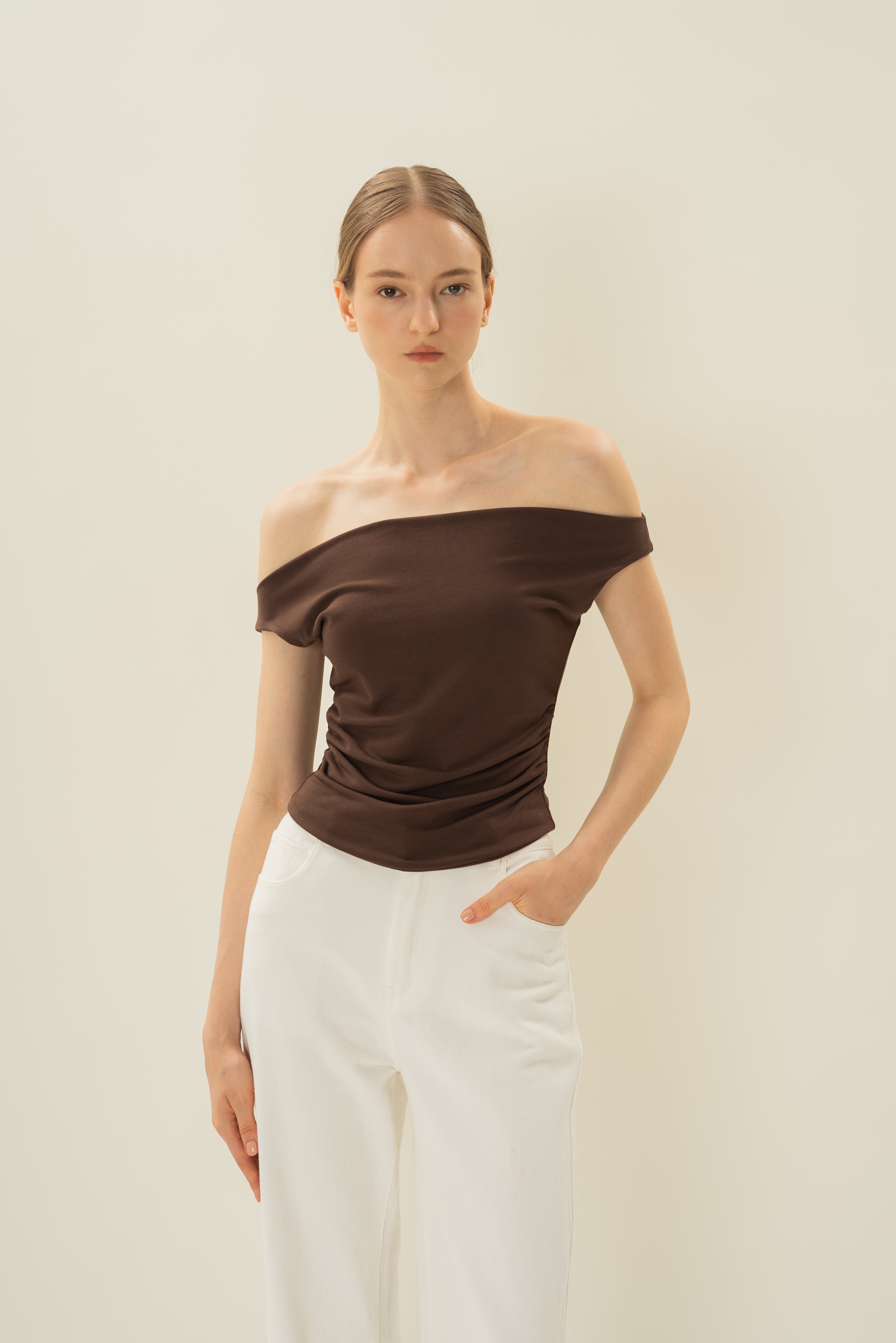 Off Shoulder Ruched Waist Top in Umber