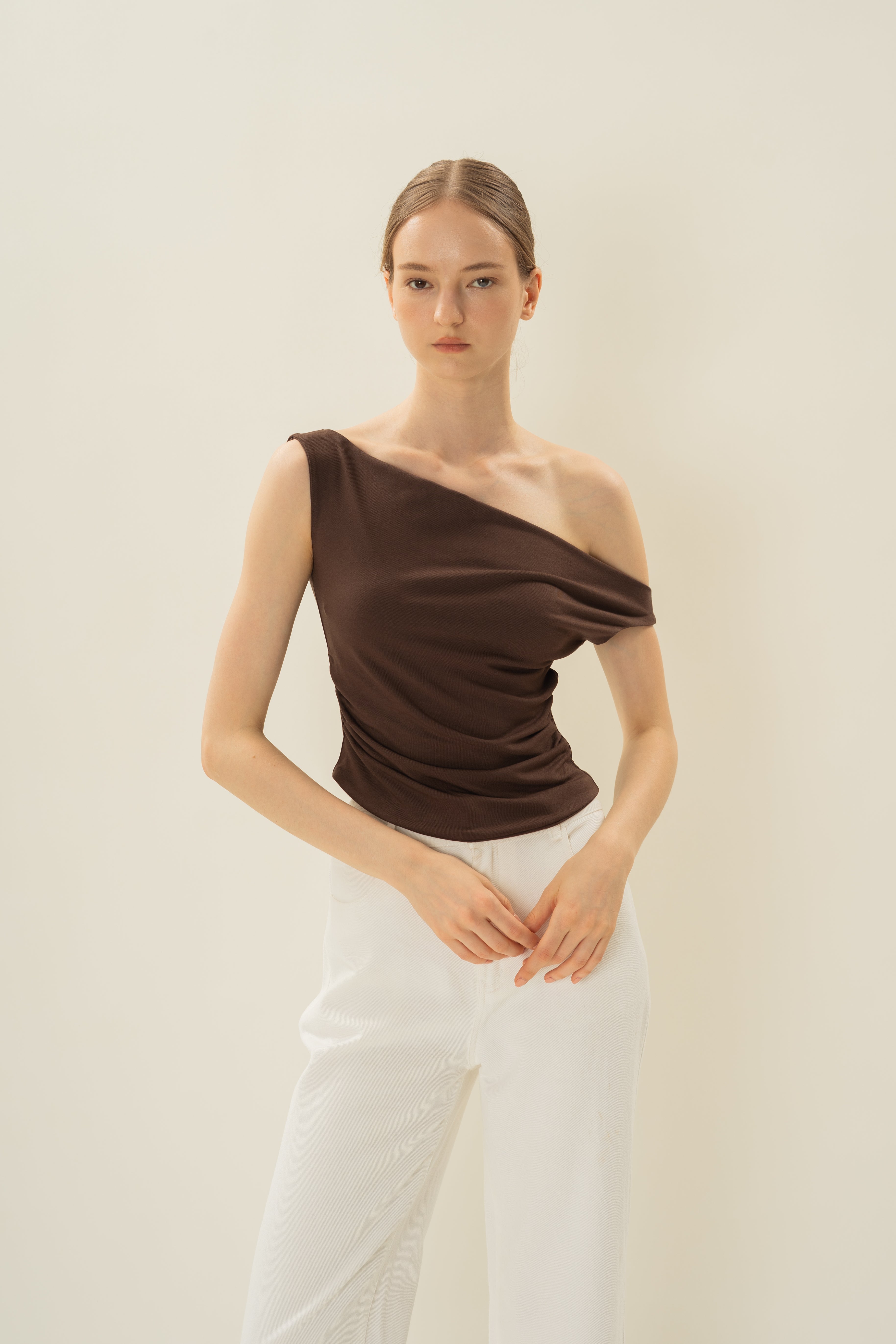 Off Shoulder Ruched Waist Top in Umber
