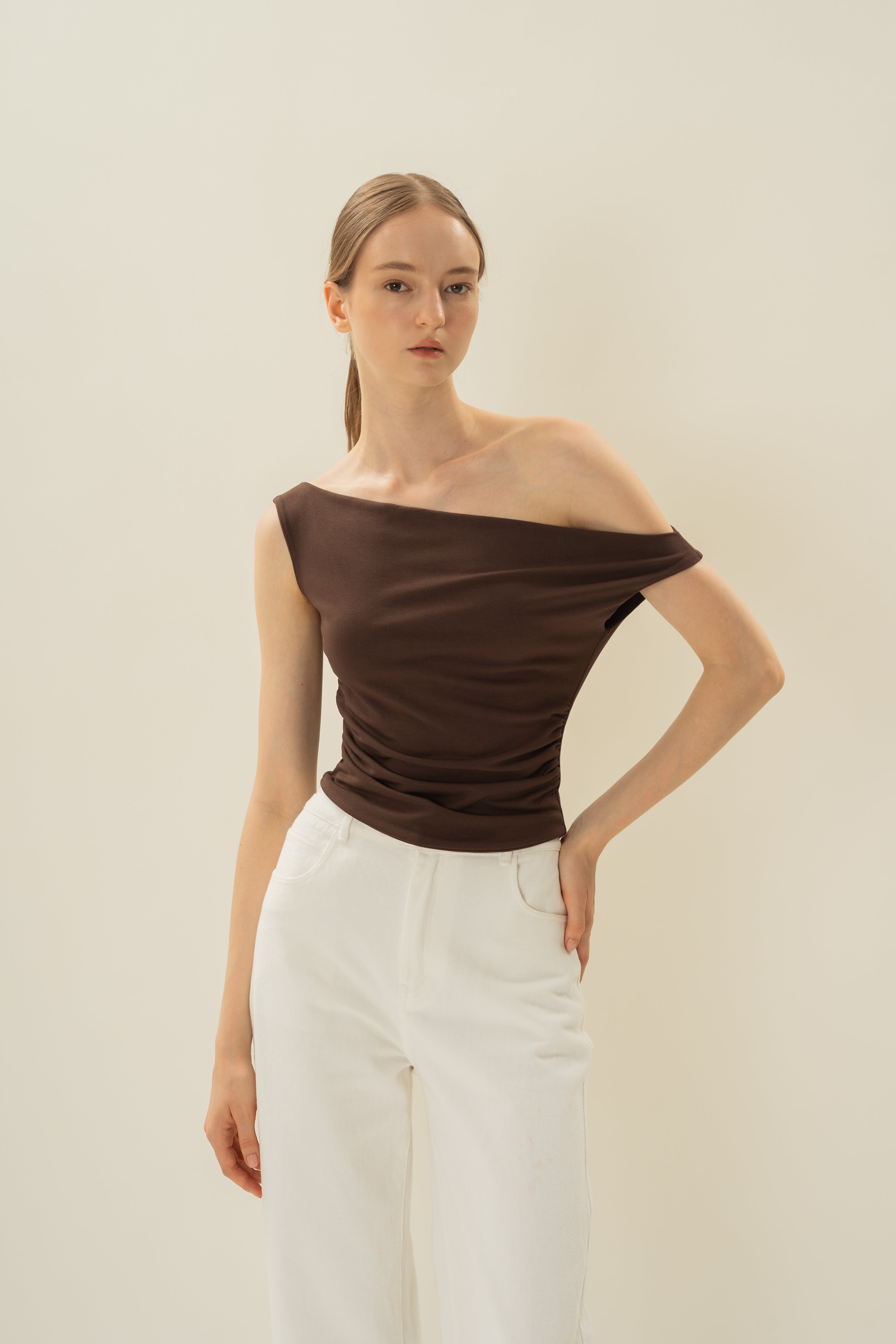 Off Shoulder Ruched Waist Top in Umber