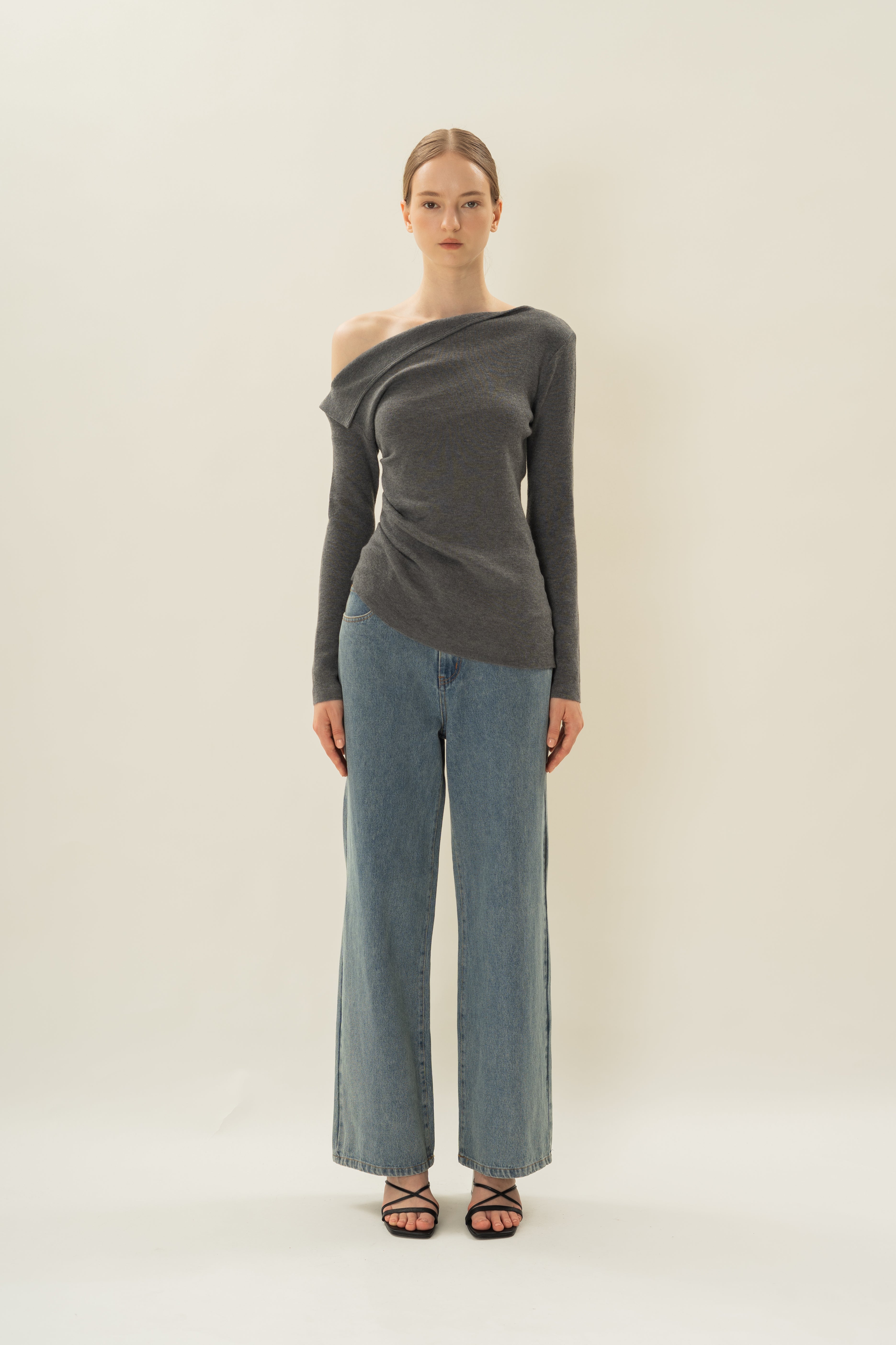 Foldover Neckline Long Sleeve Knit Top in Stone Grey
