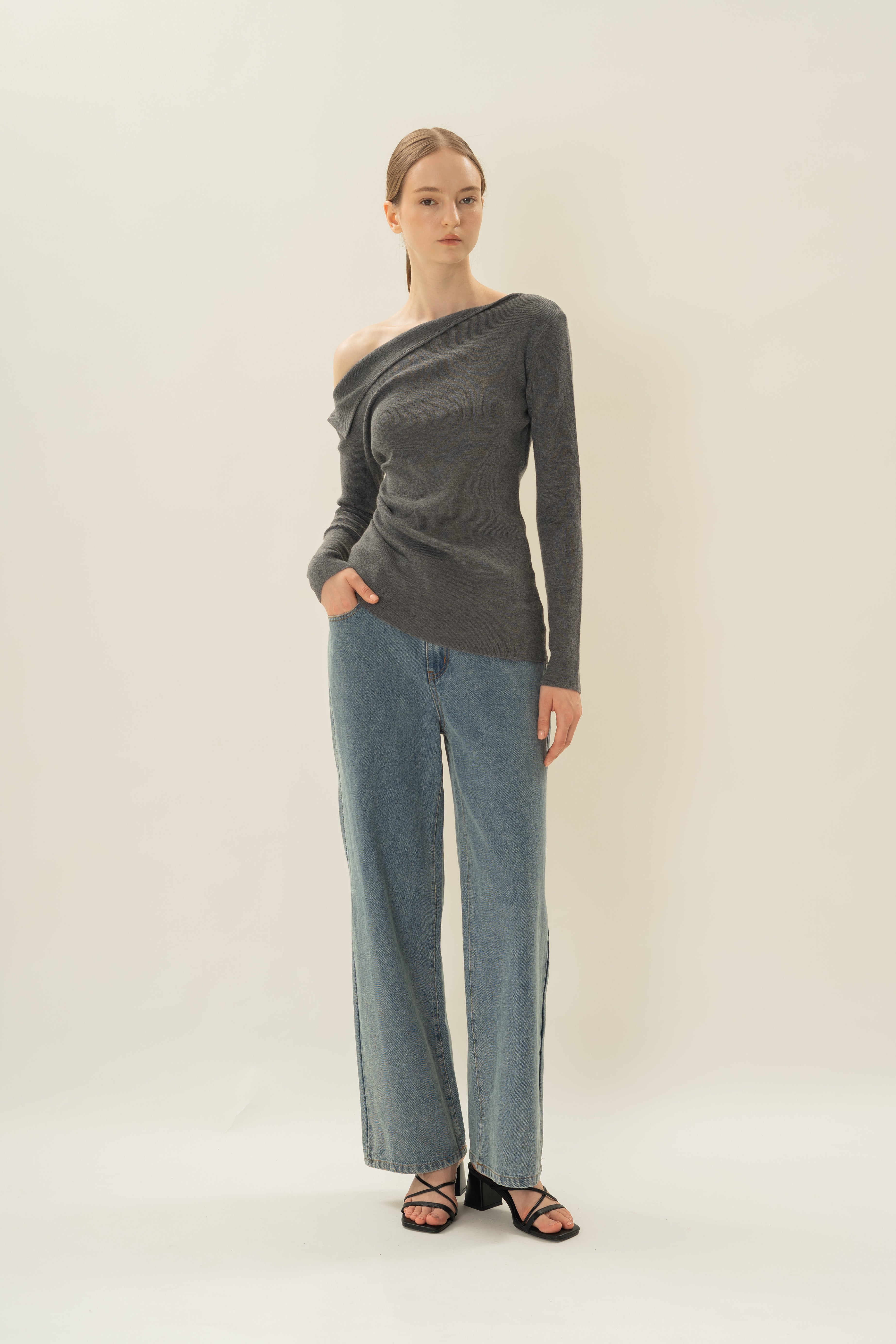 Foldover Neckline Long Sleeve Knit Top in Stone Grey
