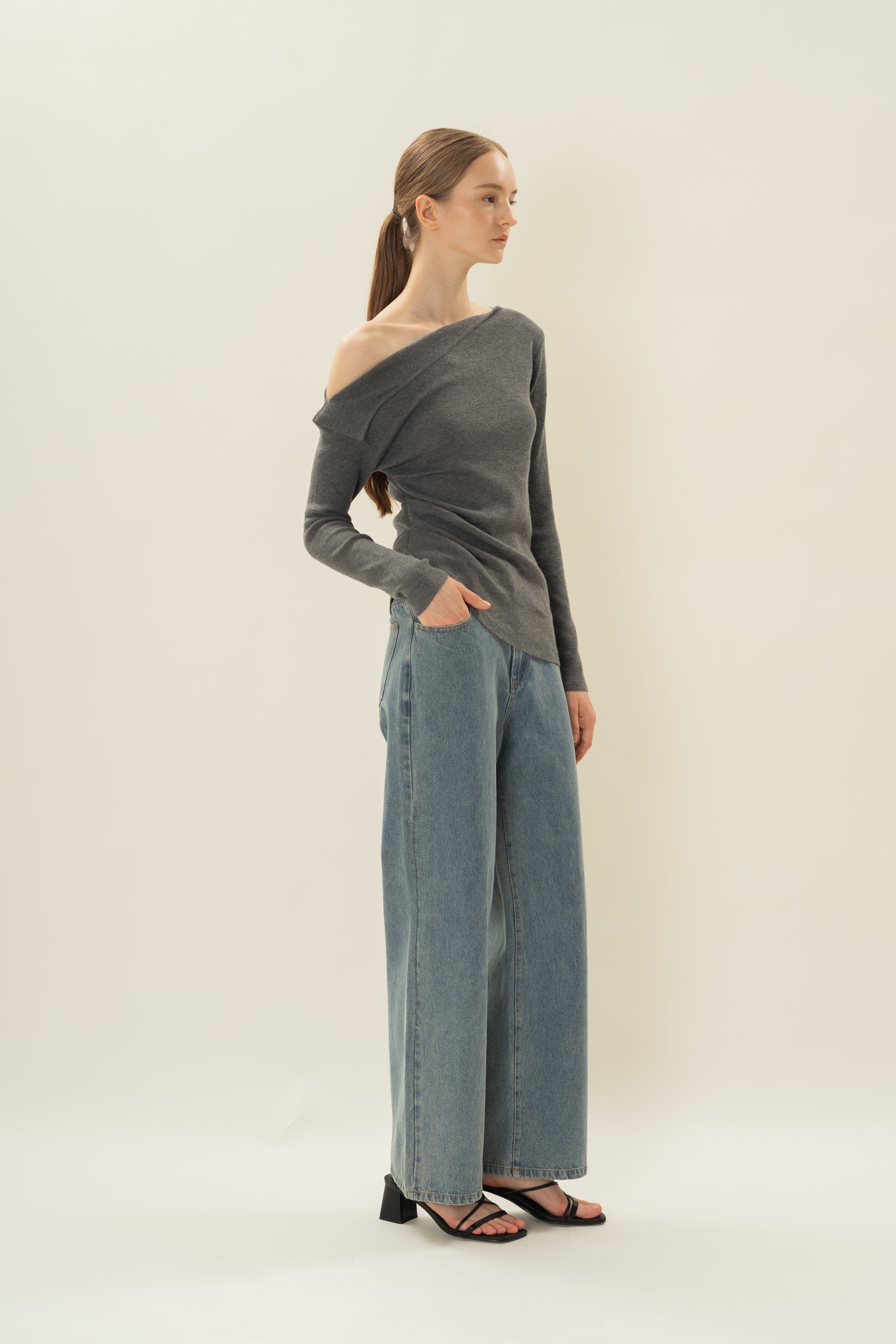 Foldover Neckline Long Sleeve Knit Top in Stone Grey