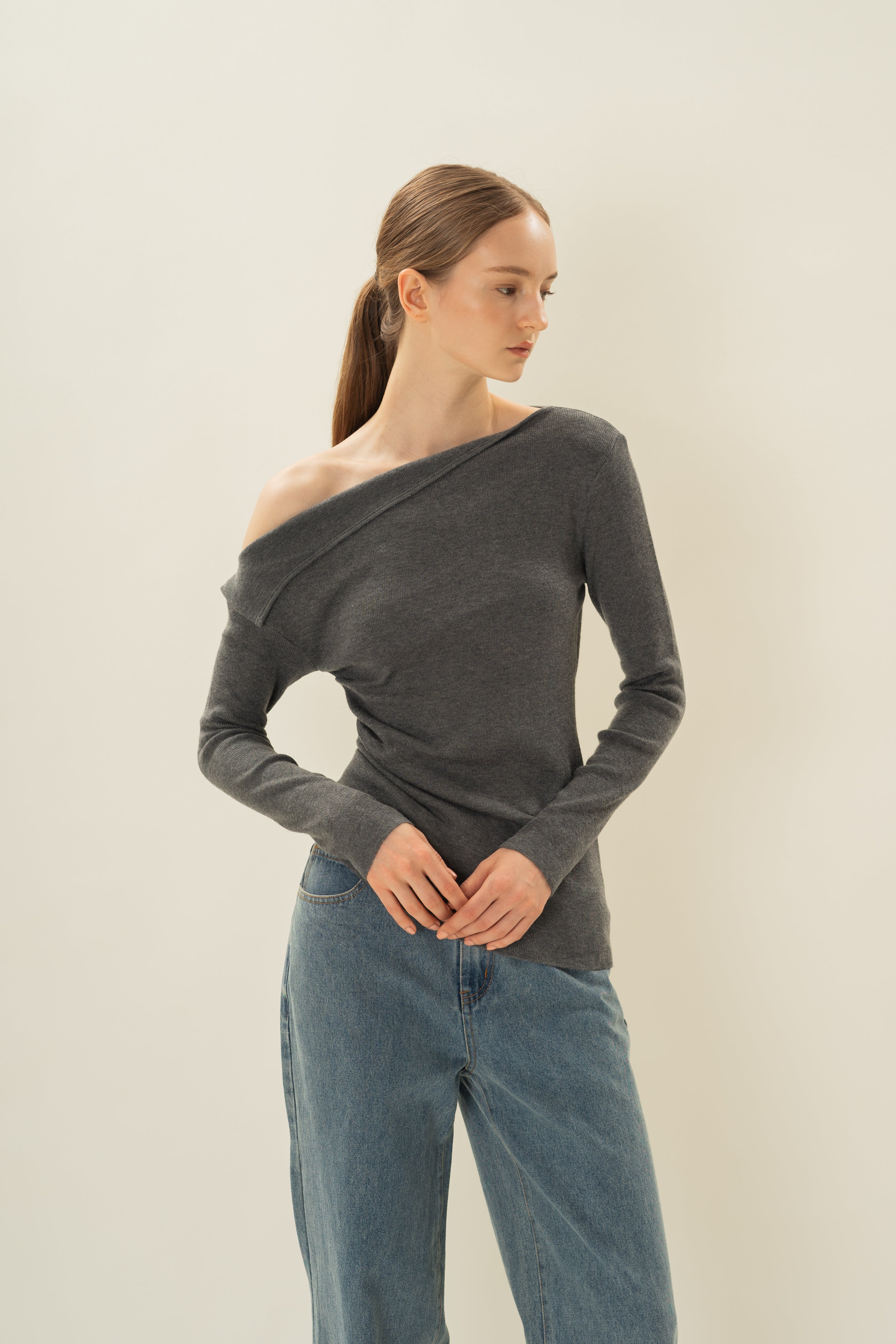 Foldover Neckline Long Sleeve Knit Top in Stone Grey