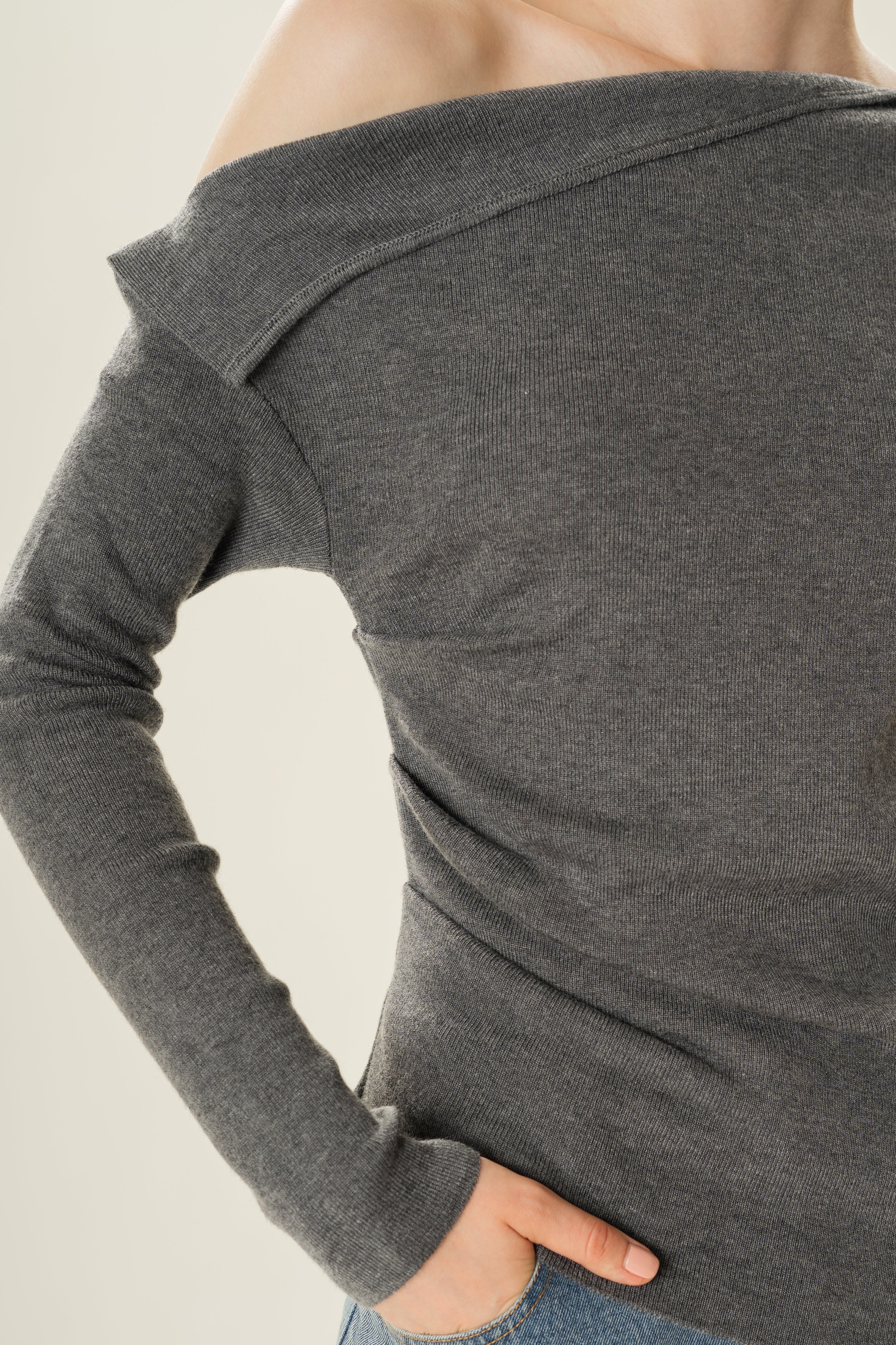 Foldover Neckline Long Sleeve Knit Top in Stone Grey