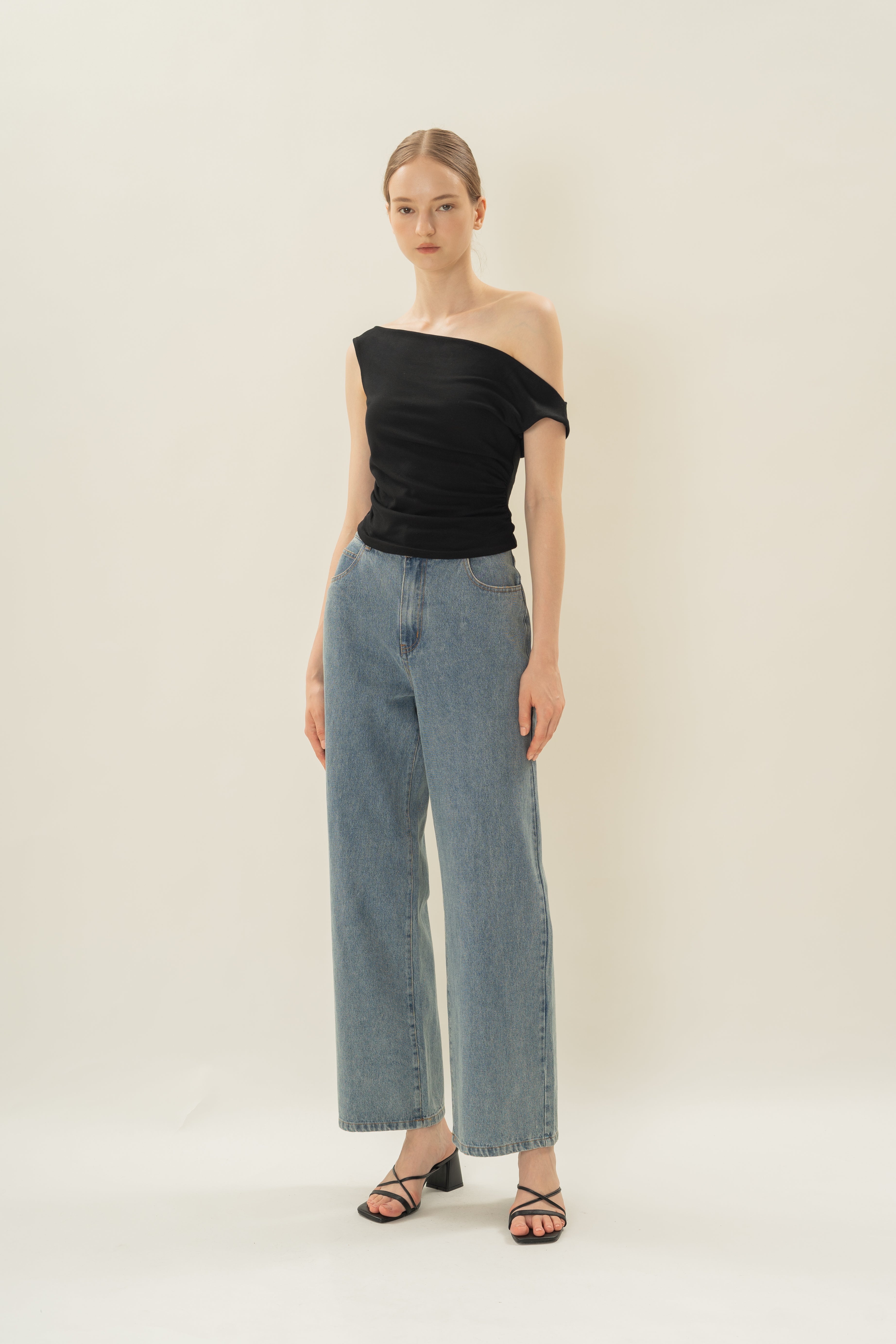 Off Shoulder Ruched Waist Top in Black