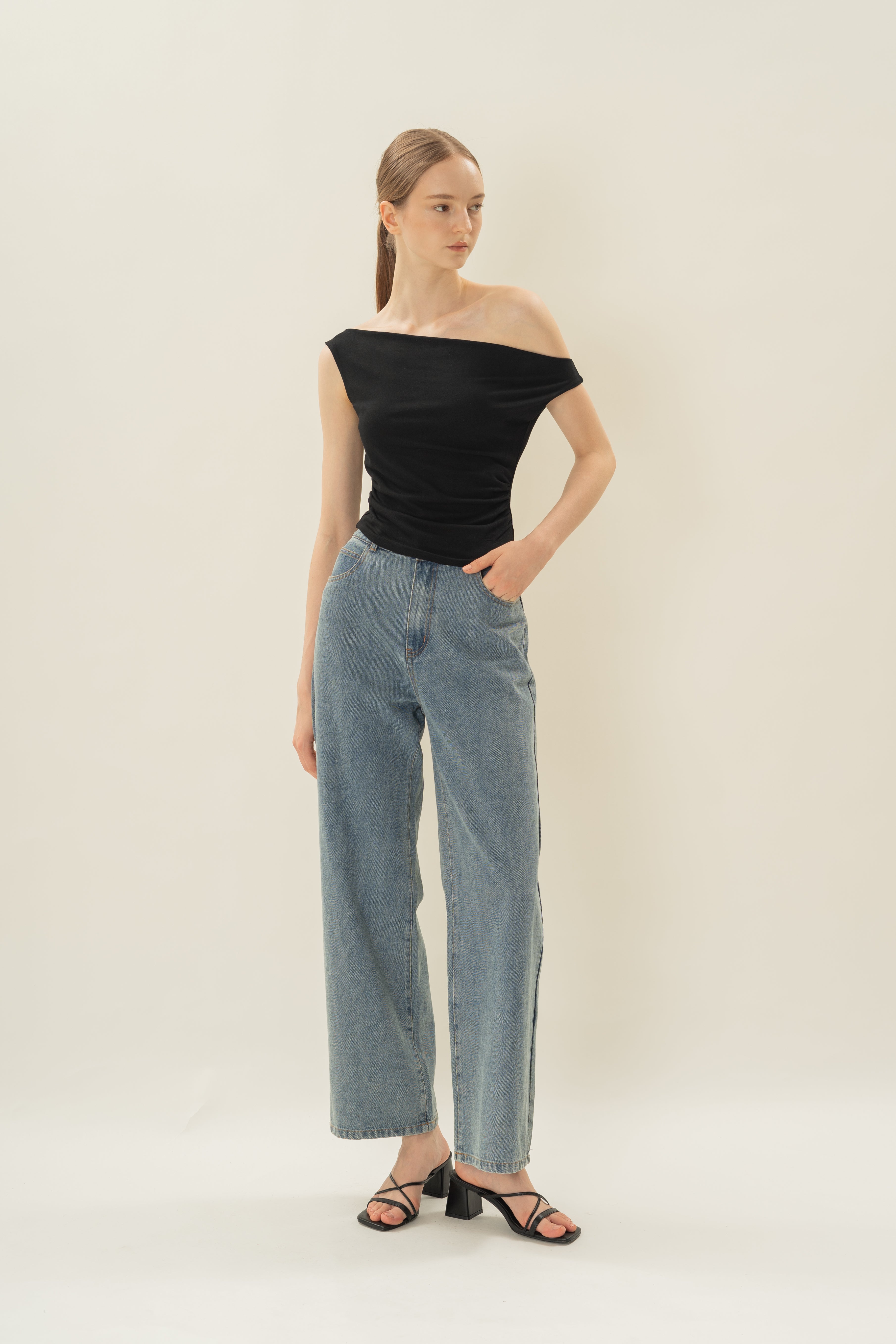Off Shoulder Ruched Waist Top in Black