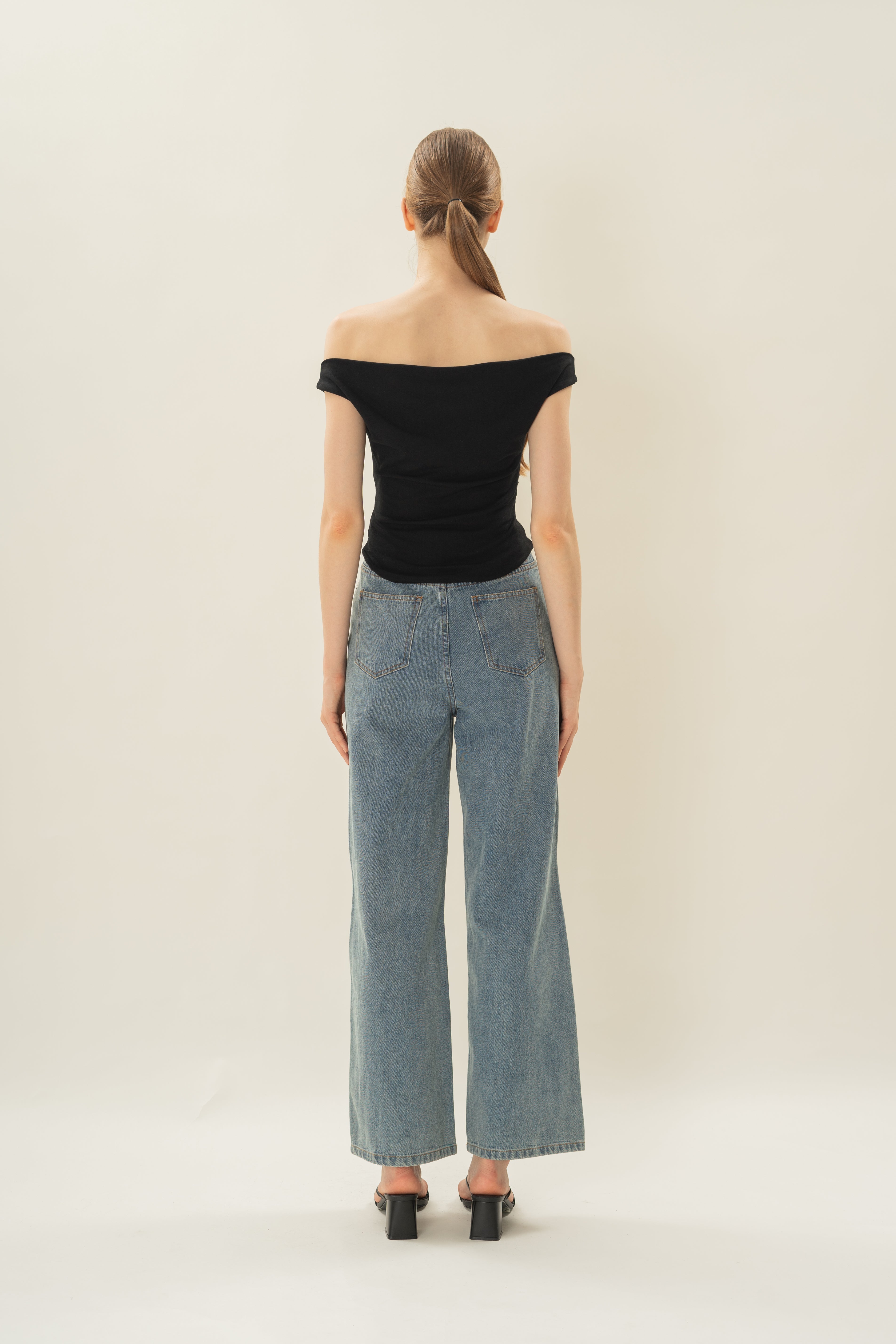 Off Shoulder Ruched Waist Top in Black