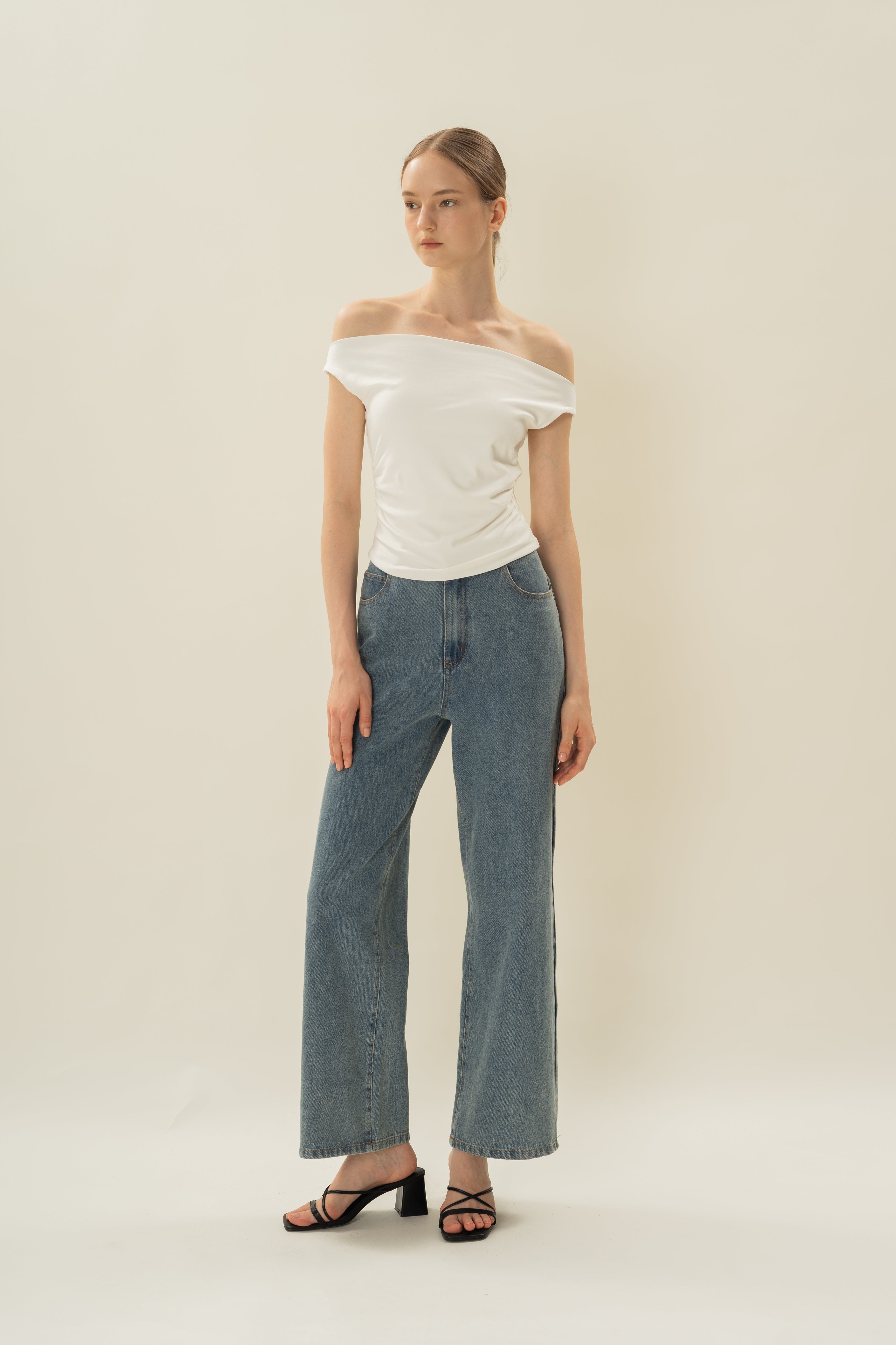 Off Shoulder Ruched Waist Top in White