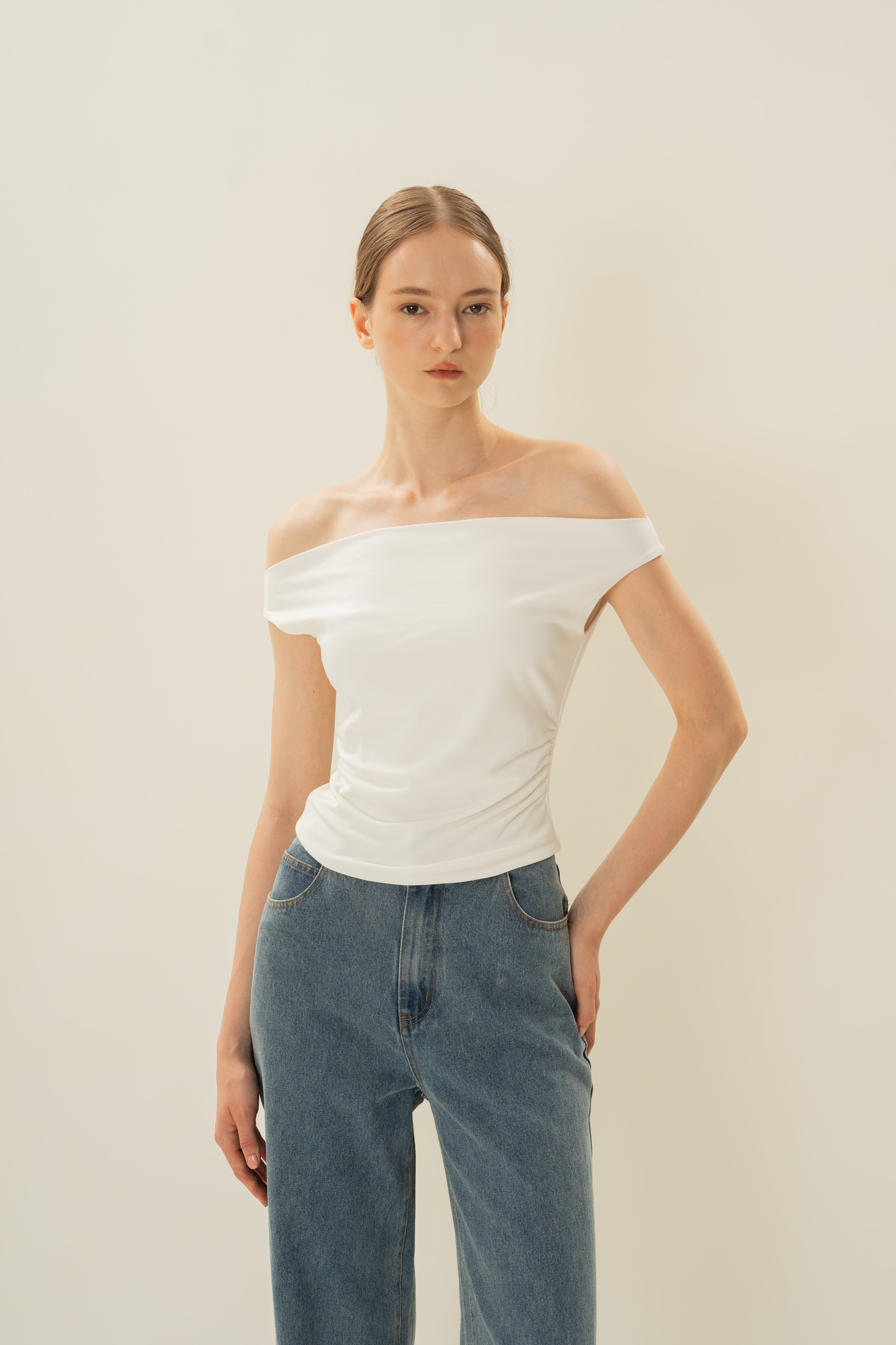 Off Shoulder Ruched Waist Top in White