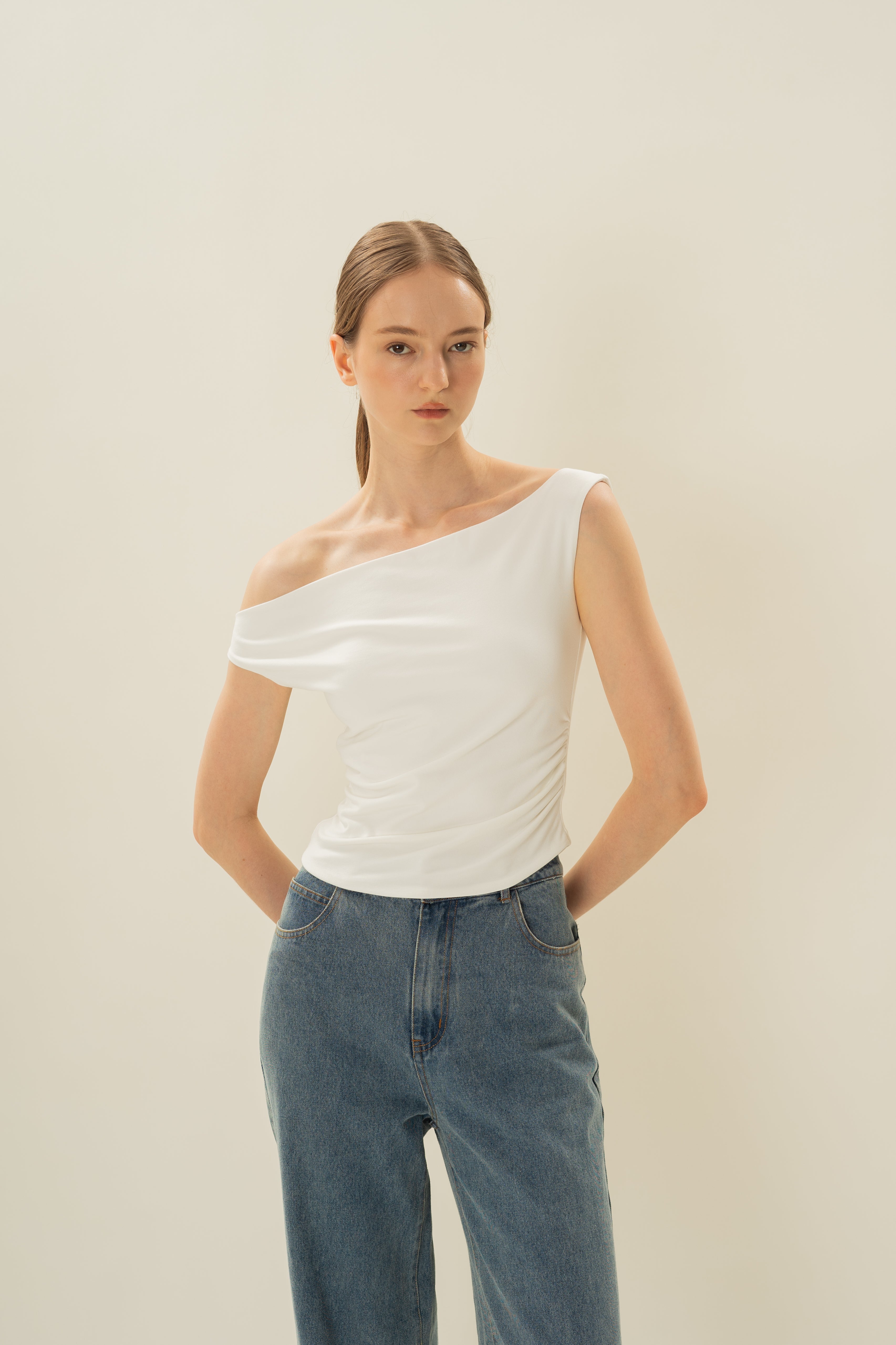 Off Shoulder Ruched Waist Top in White