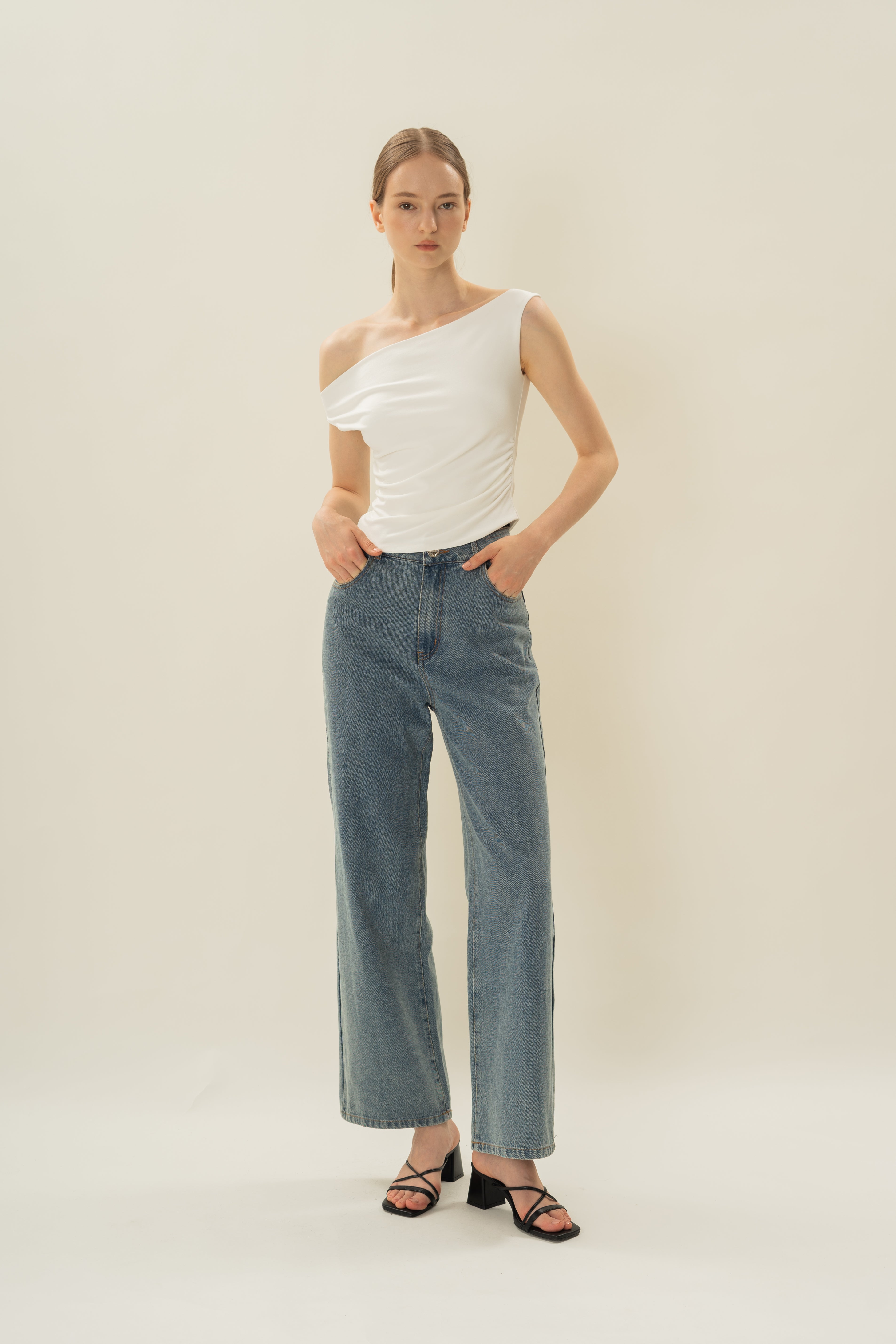 Off Shoulder Ruched Waist Top in White