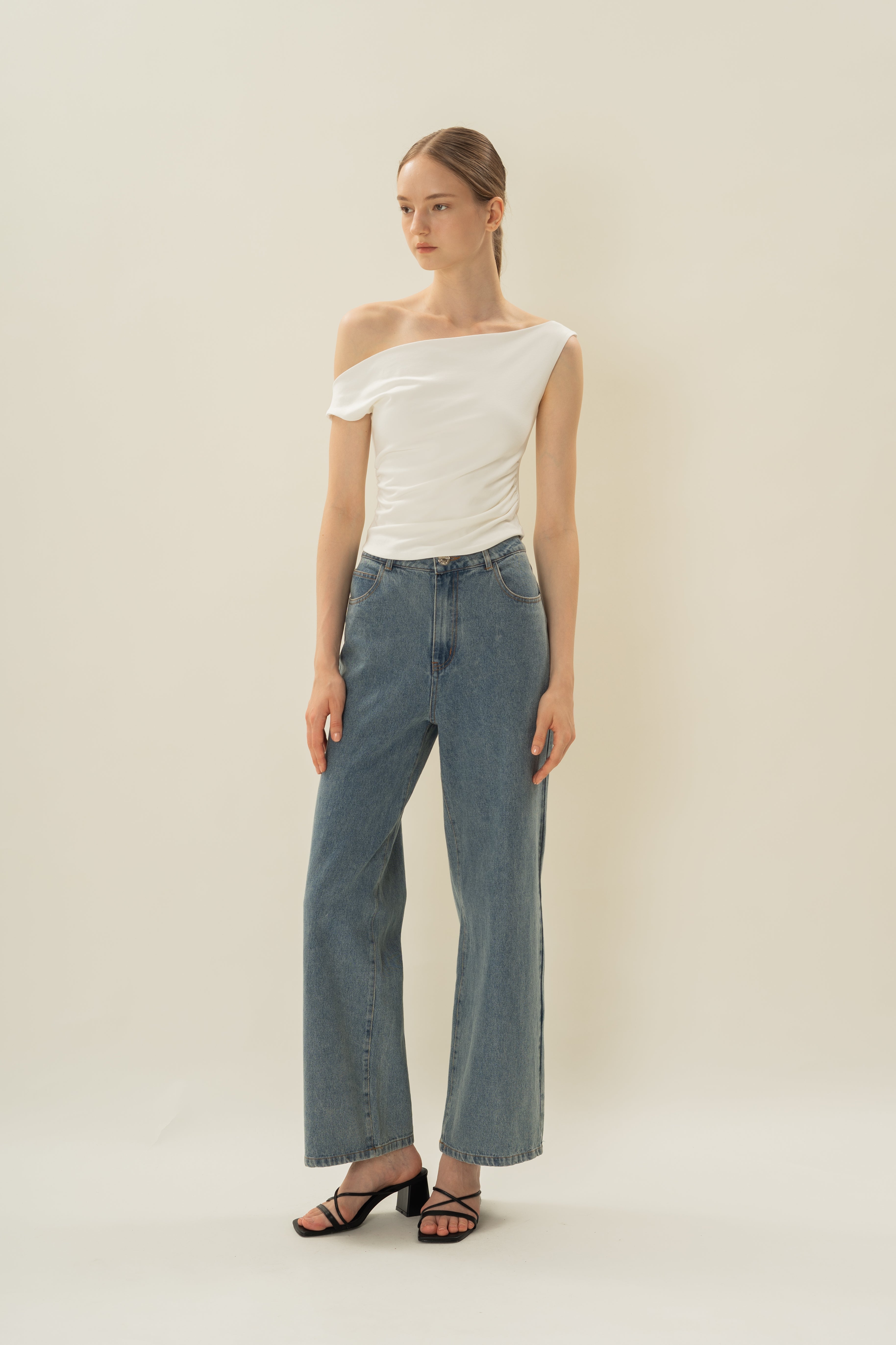 Off Shoulder Ruched Waist Top in White