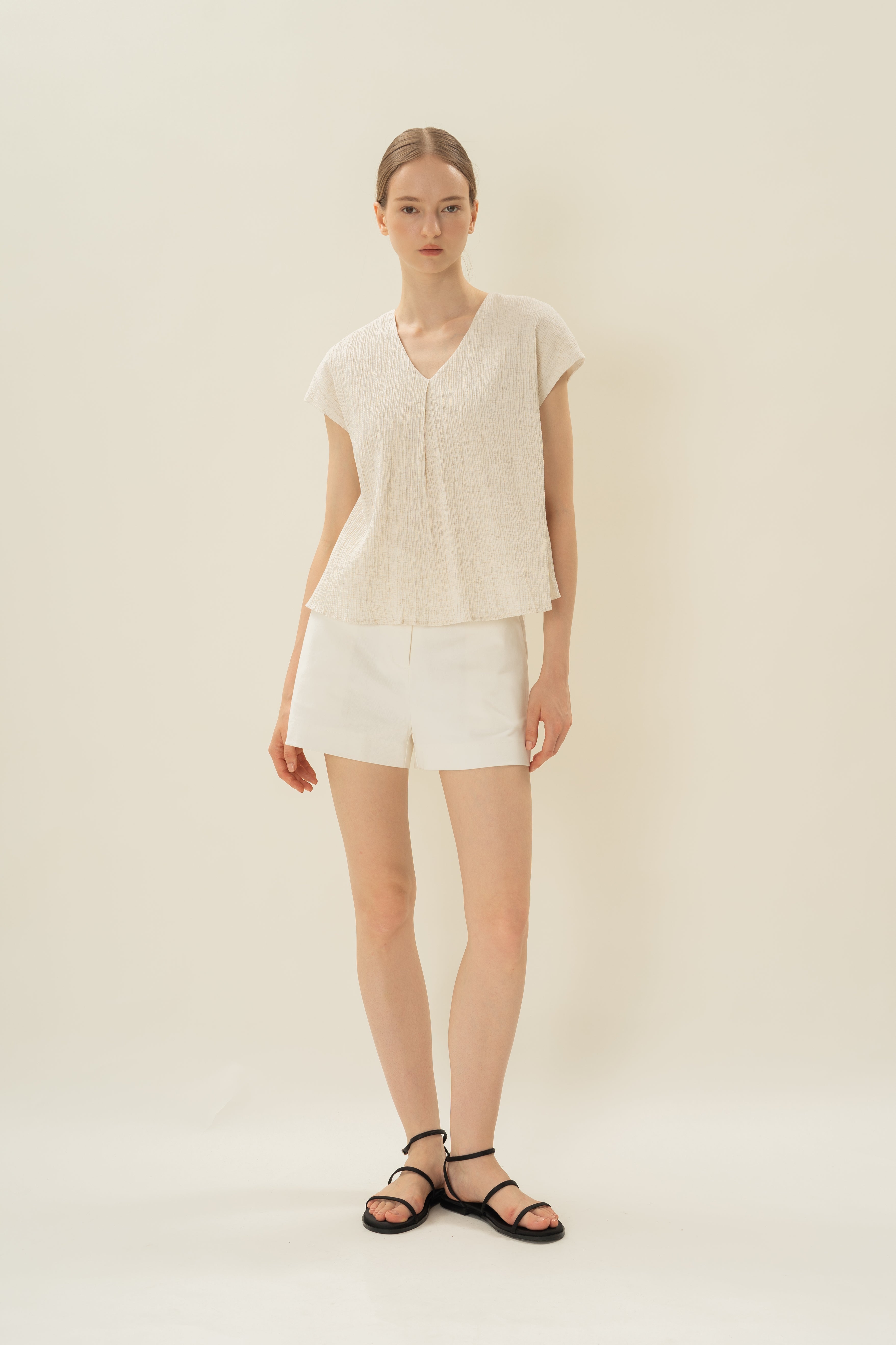 Textured V Neck Sleeved Top in White