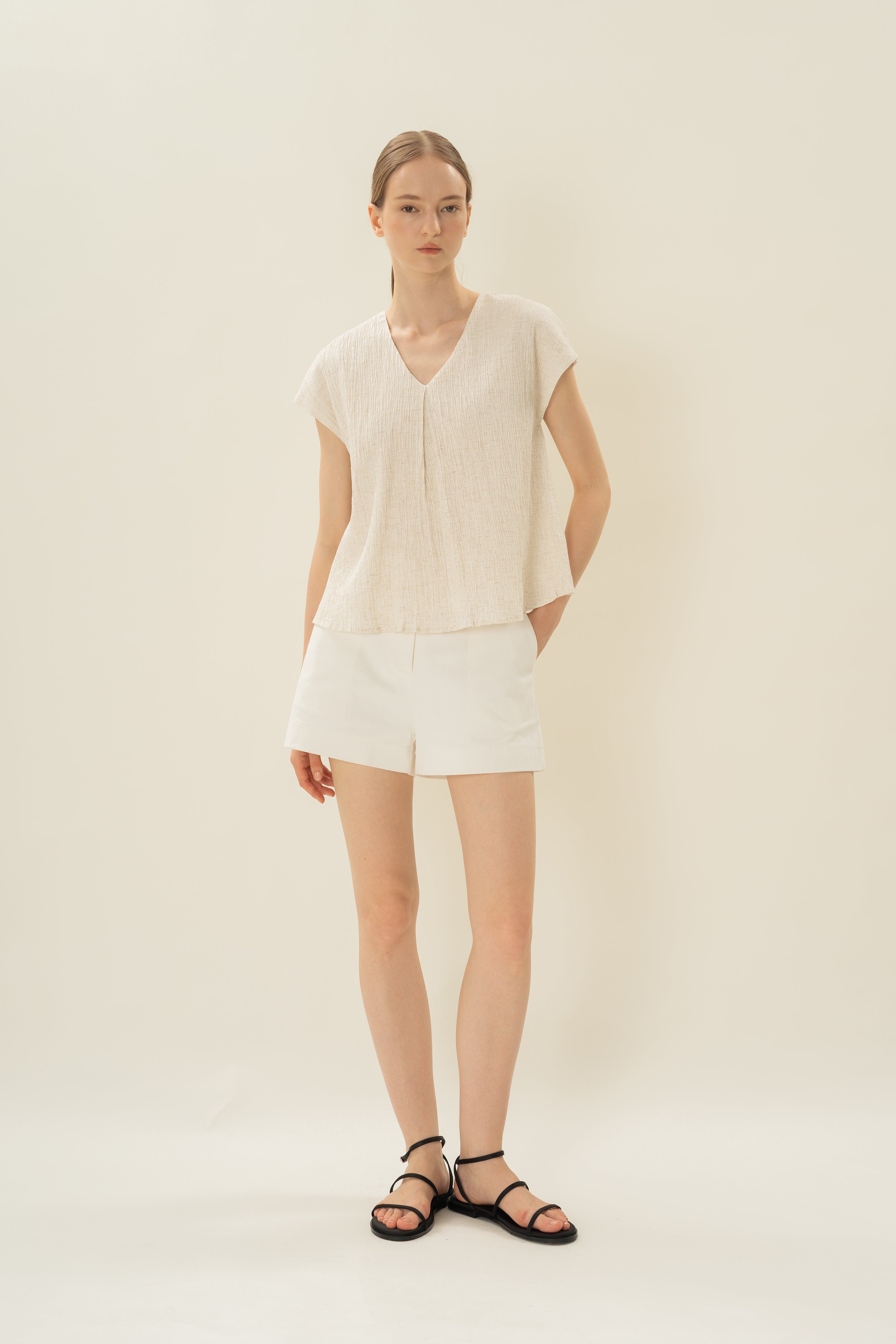 Textured V Neck Sleeved Top in White