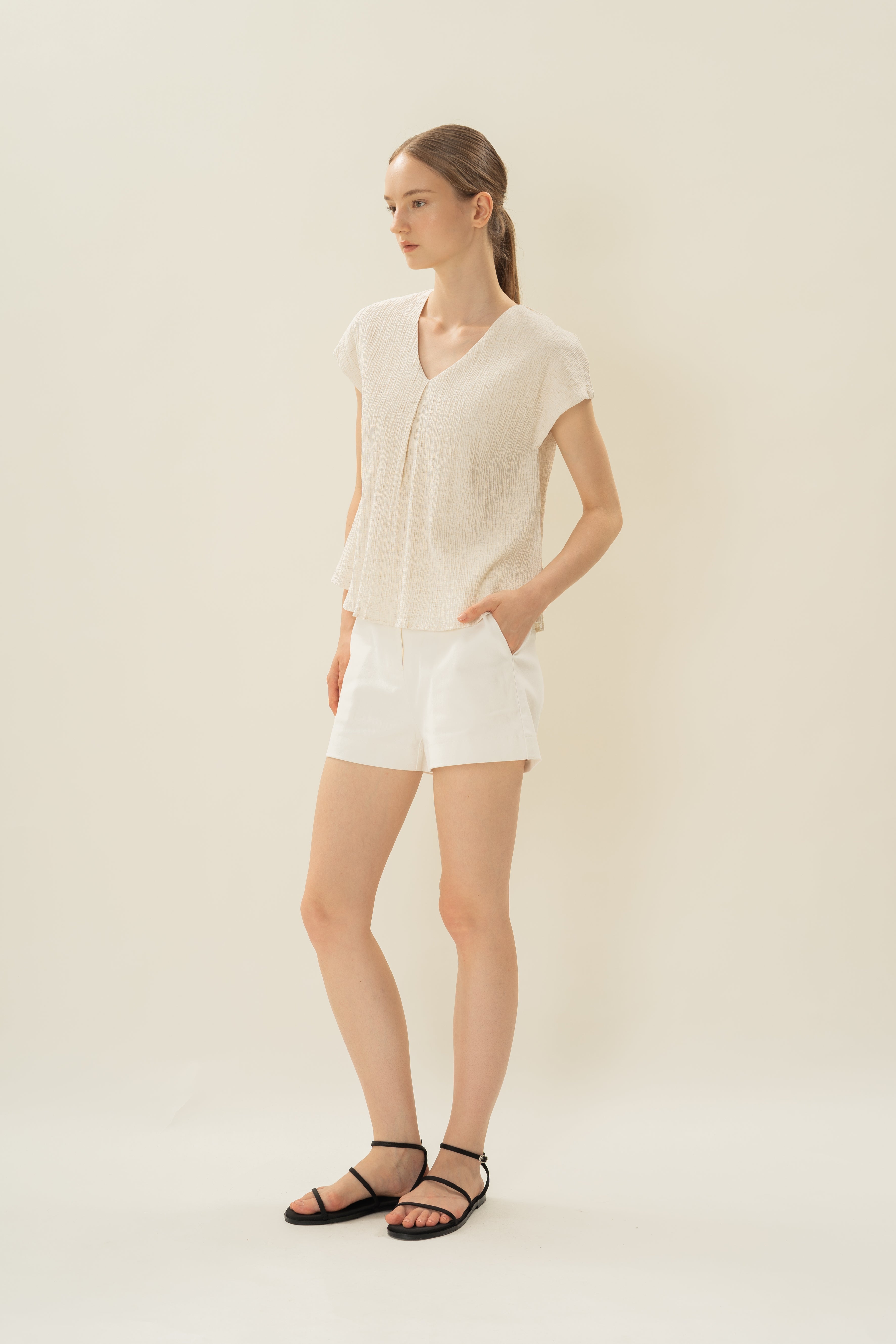 Textured V Neck Sleeved Top in White