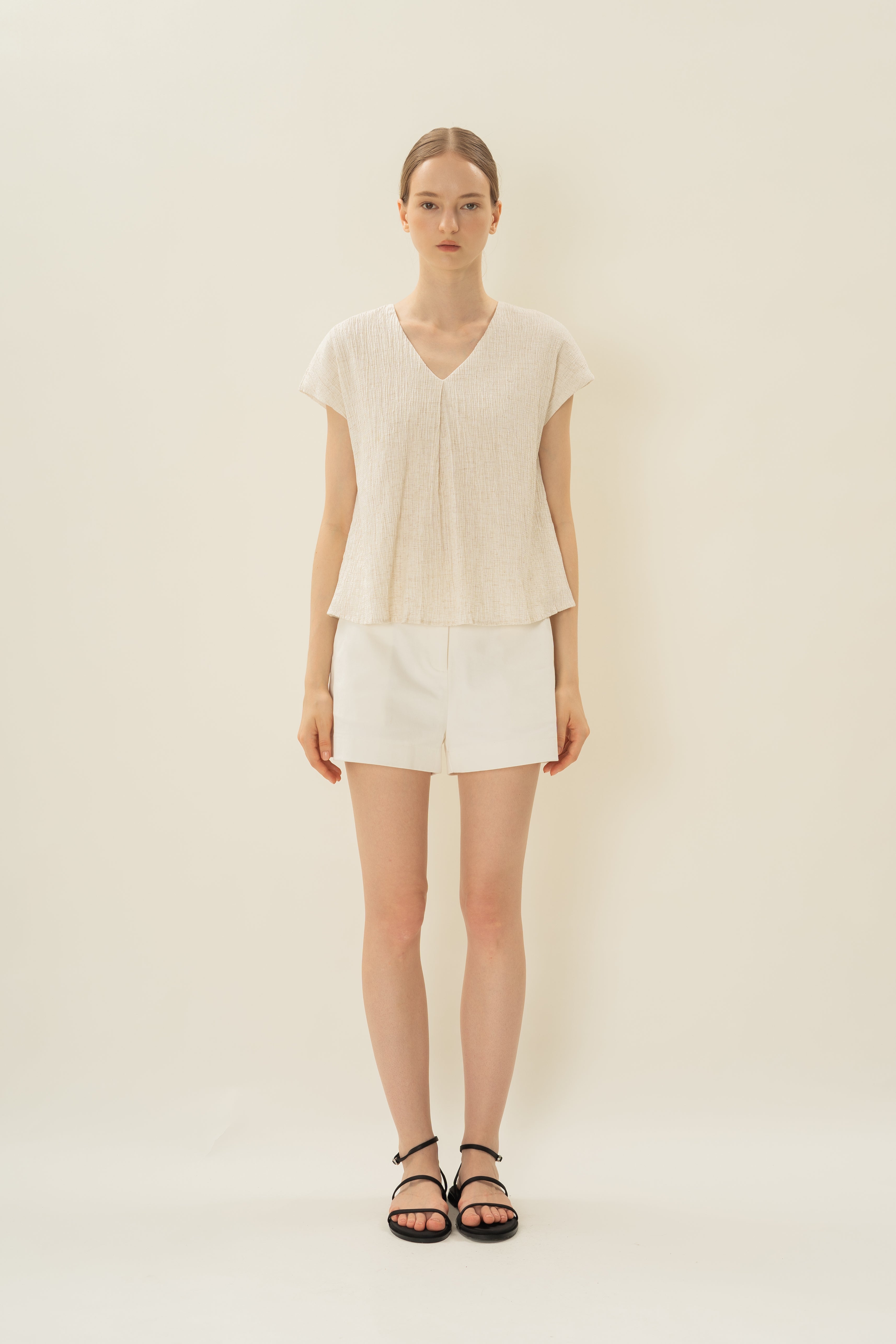 Textured V Neck Sleeved Top in White