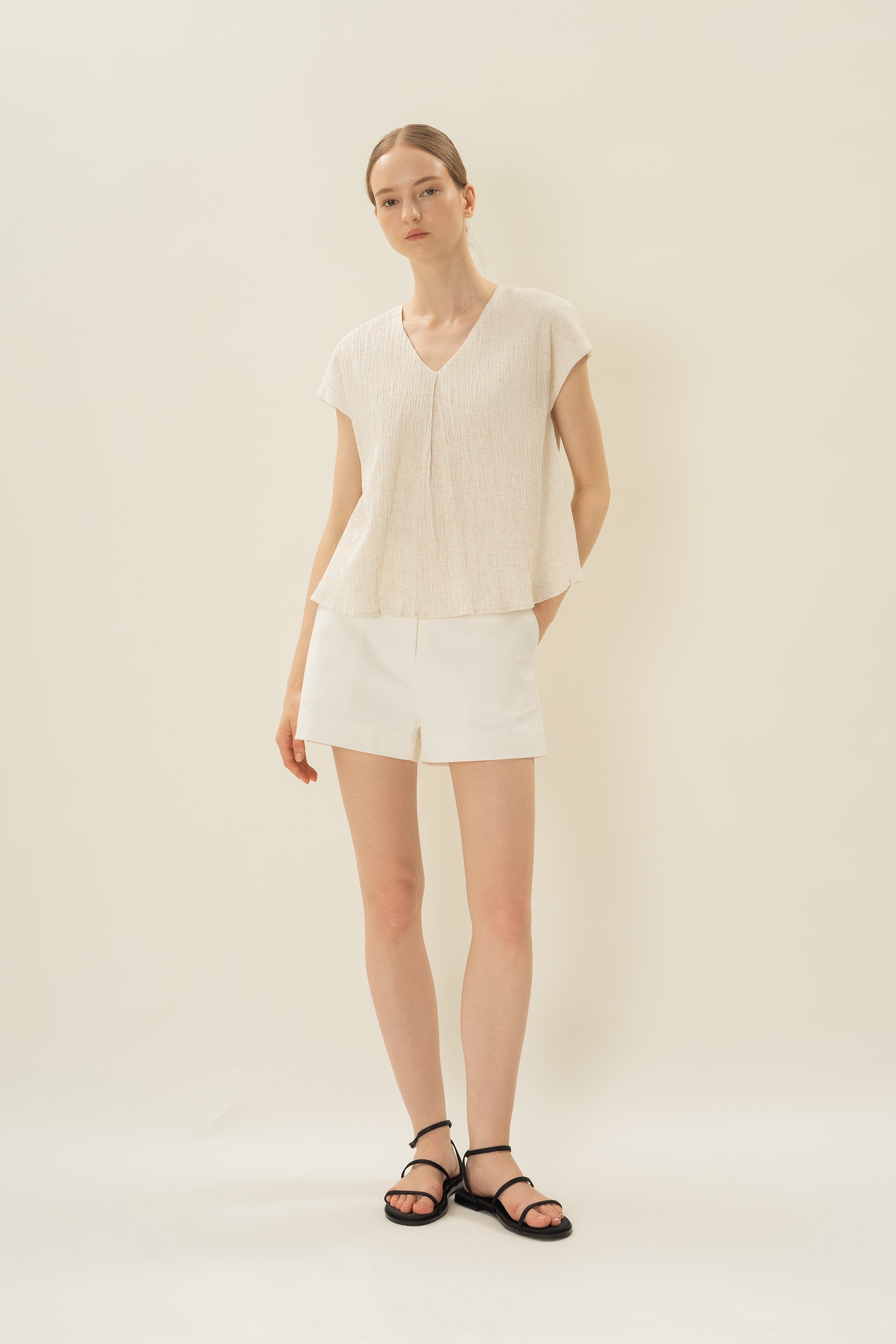 Textured V Neck Sleeved Top in White