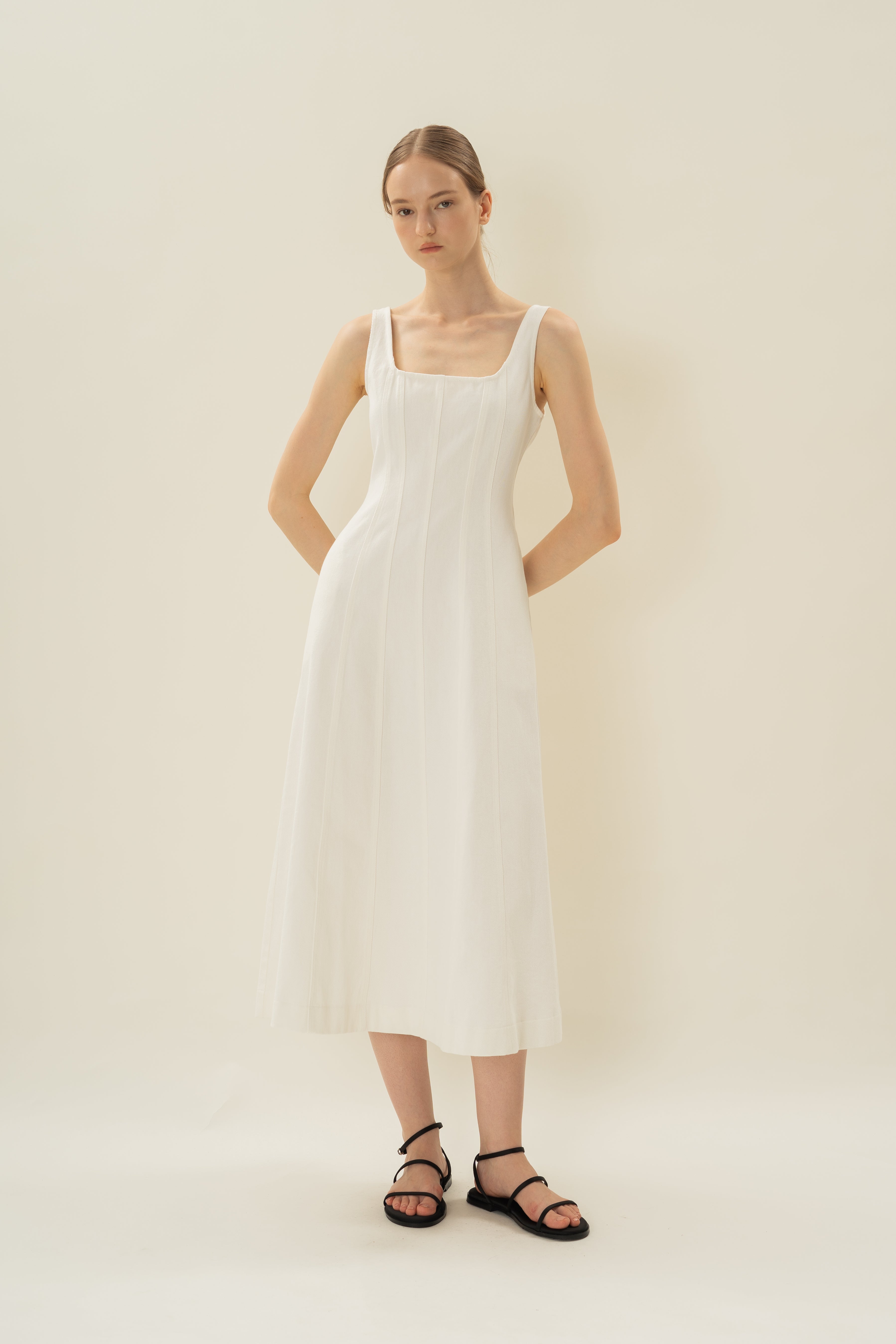 Scoop Neck Denim Dress in White