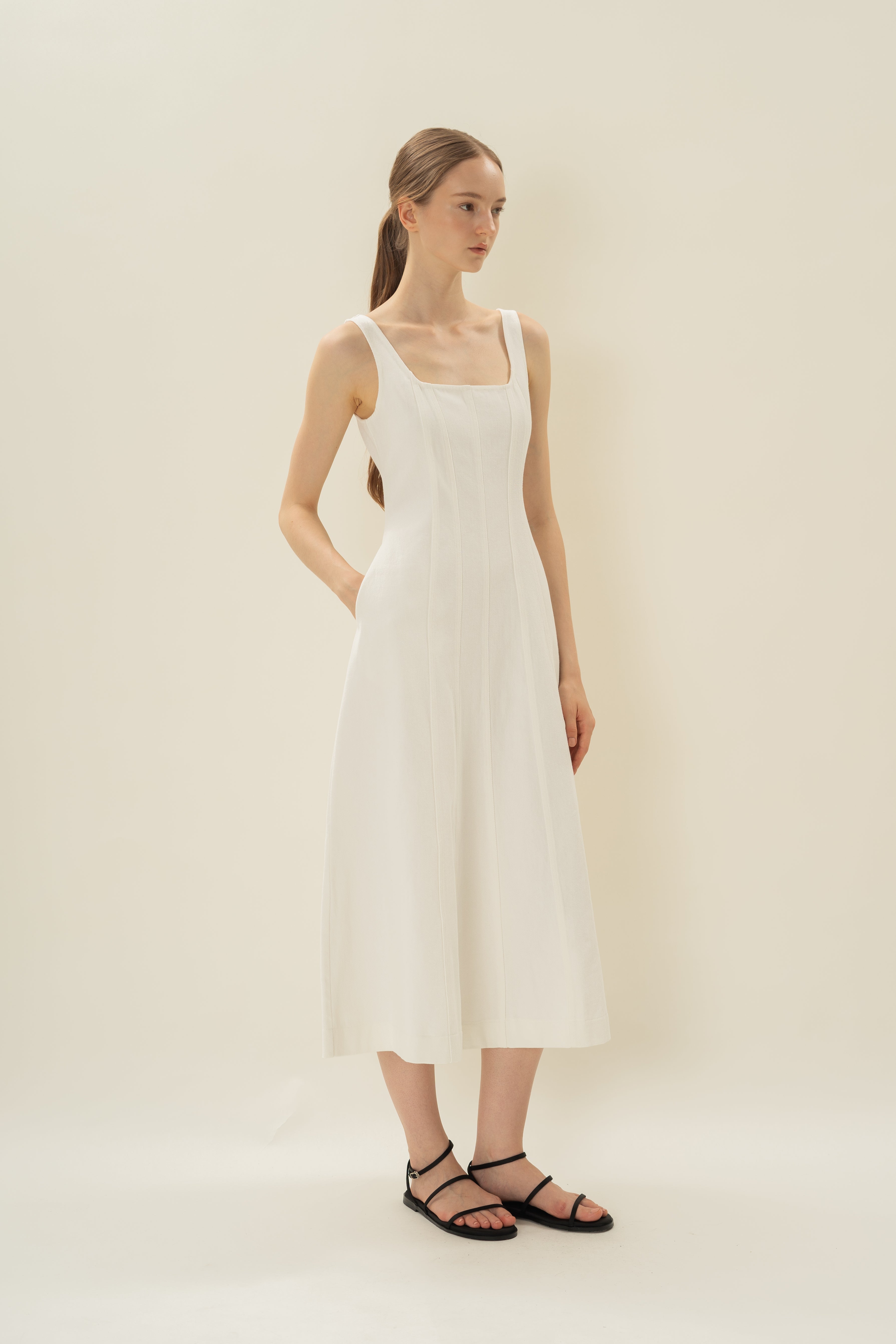 Scoop Neck Denim Dress in White