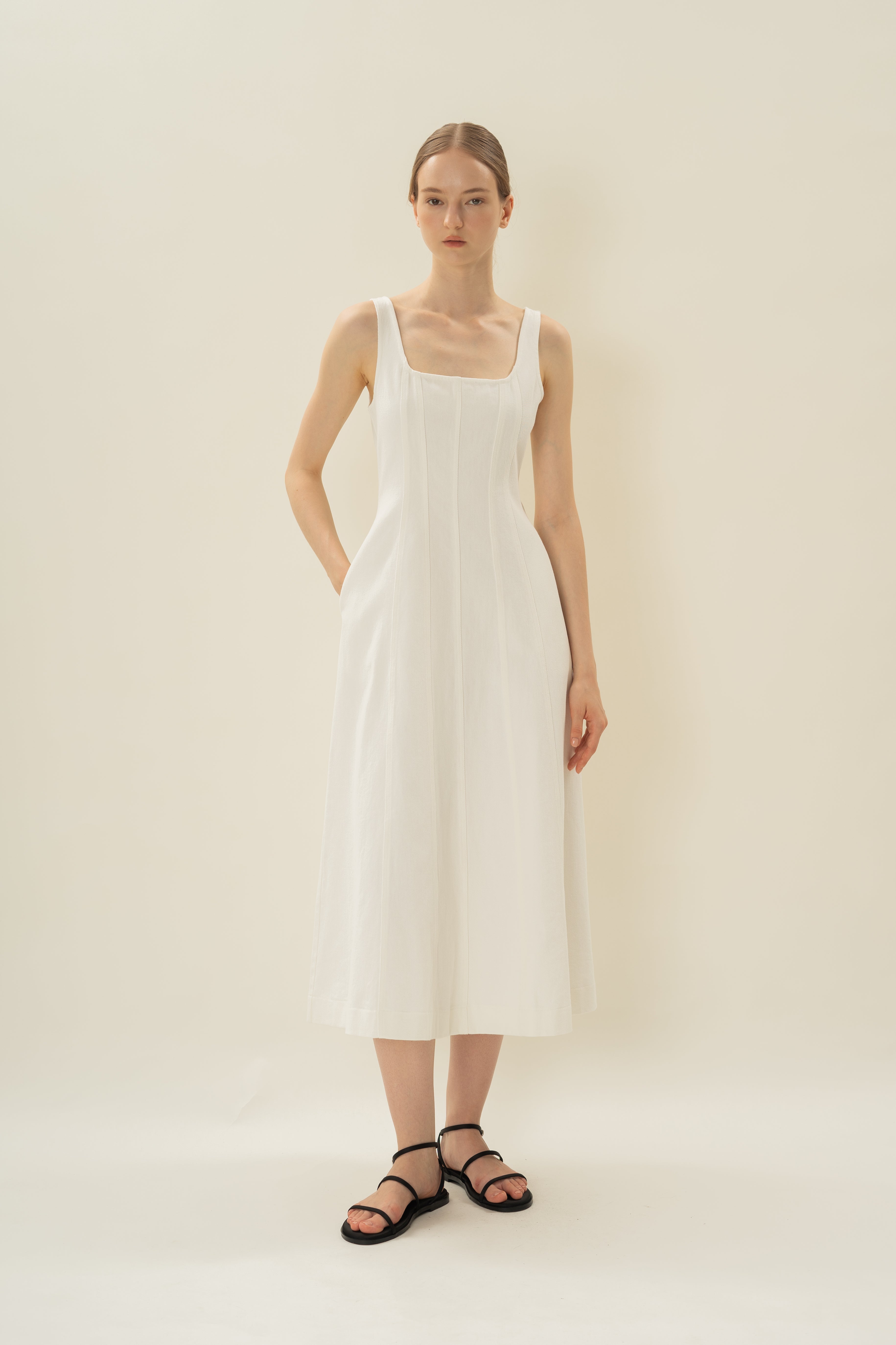 Scoop Neck Denim Dress in White