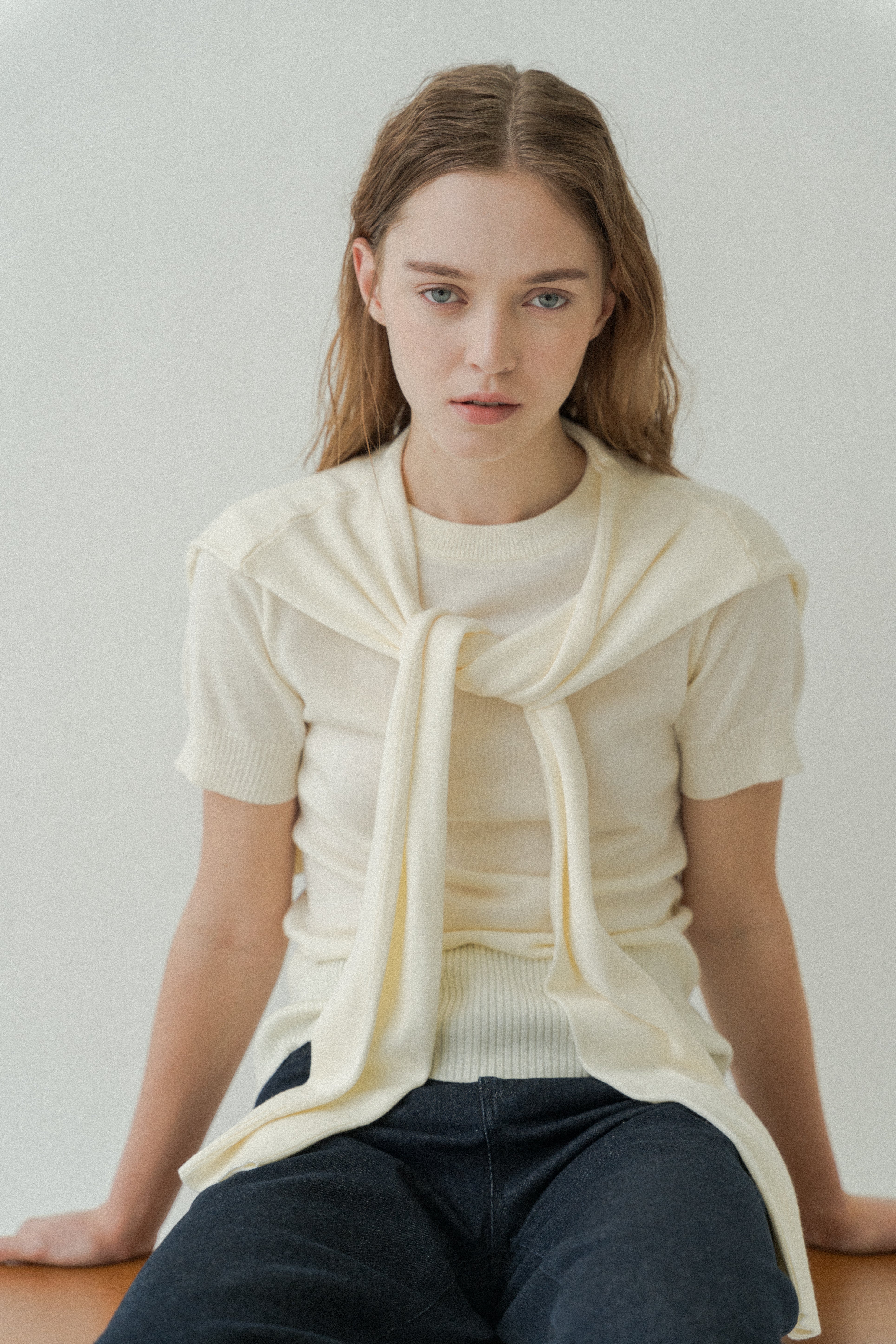 Two-Piece Knitted Short Sleeve Sweater in Ivory