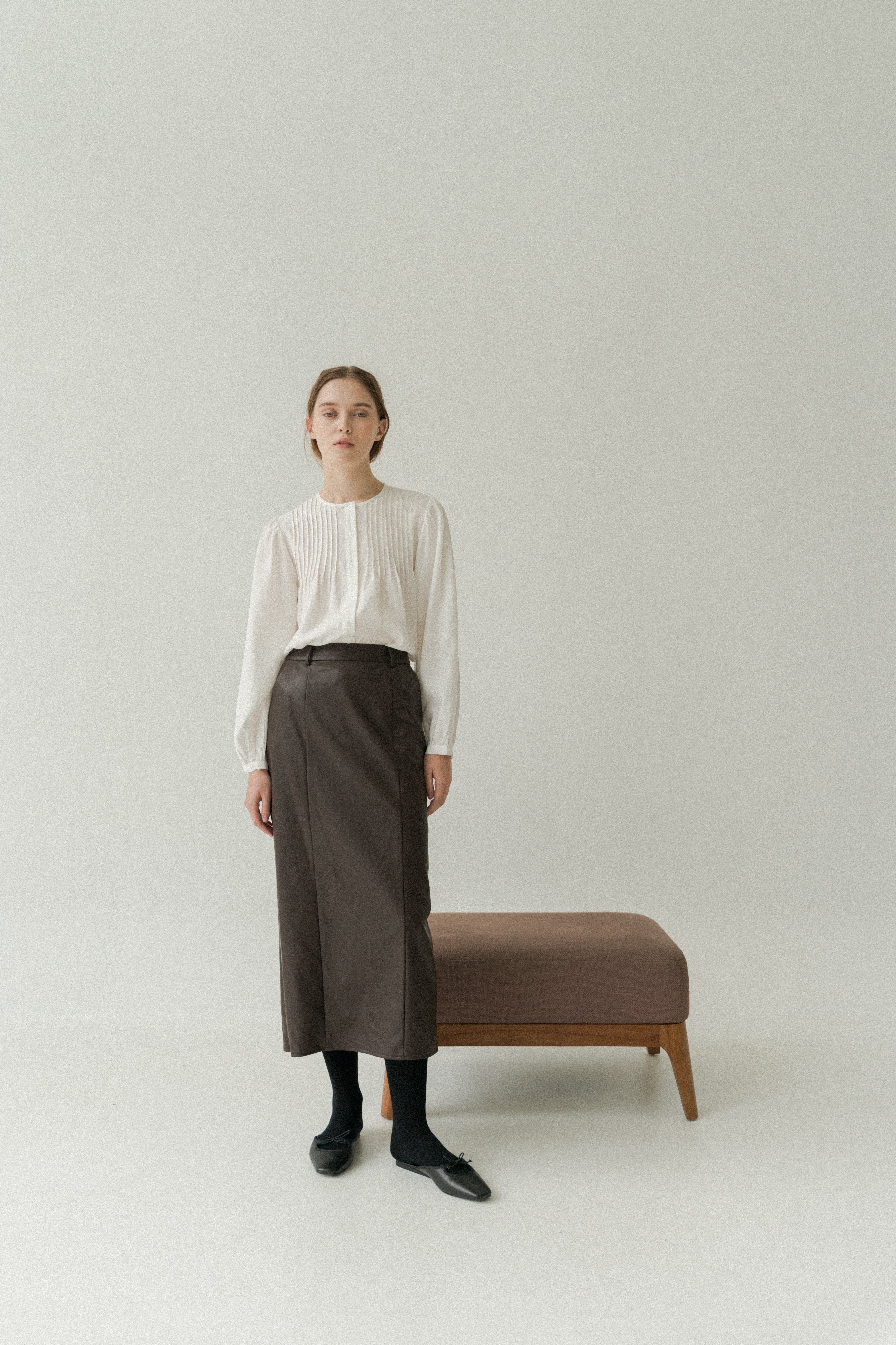 Faux Leather Straight Skirt in Umber