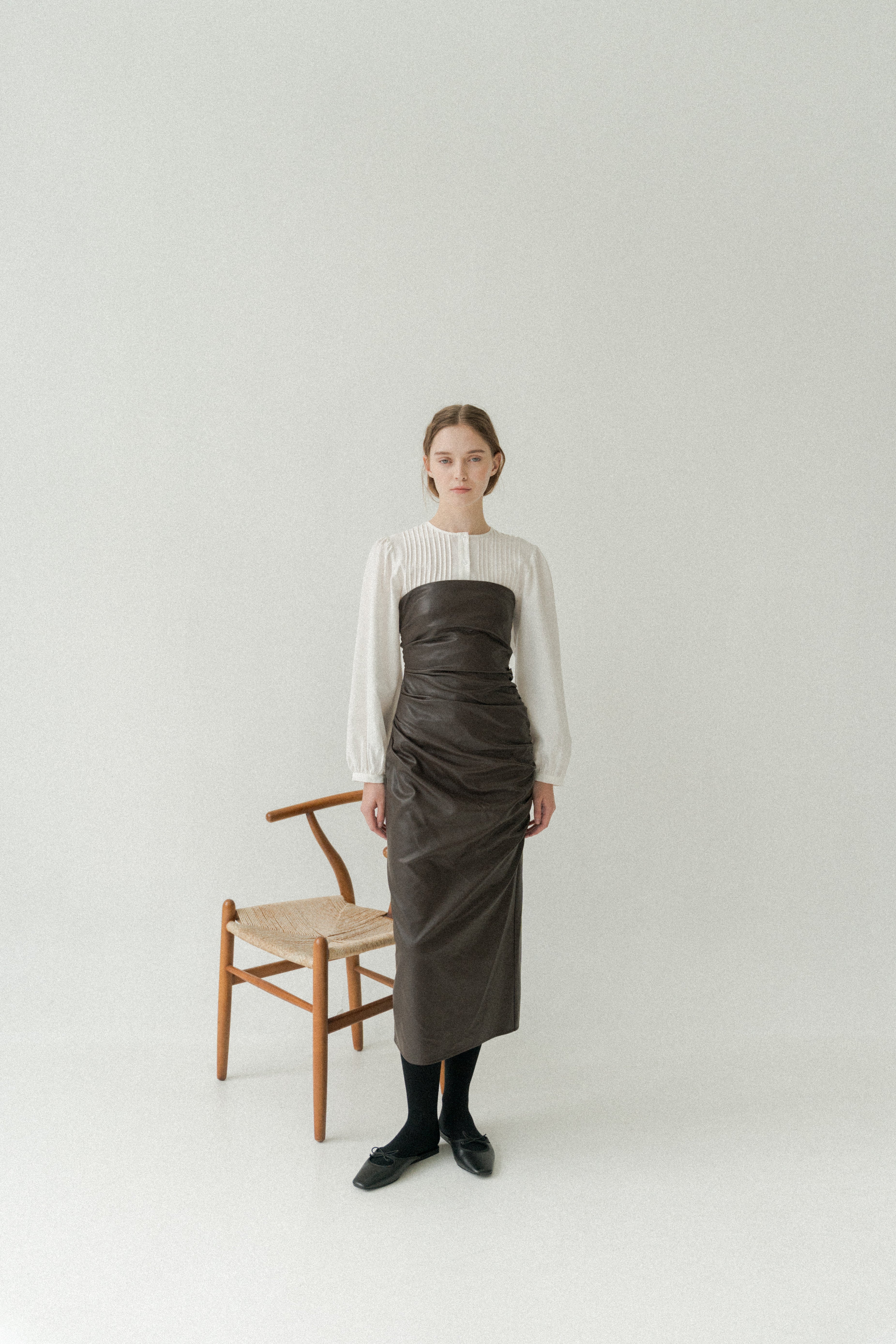 Faux Leather Ruched Bandeau Dress in Umber