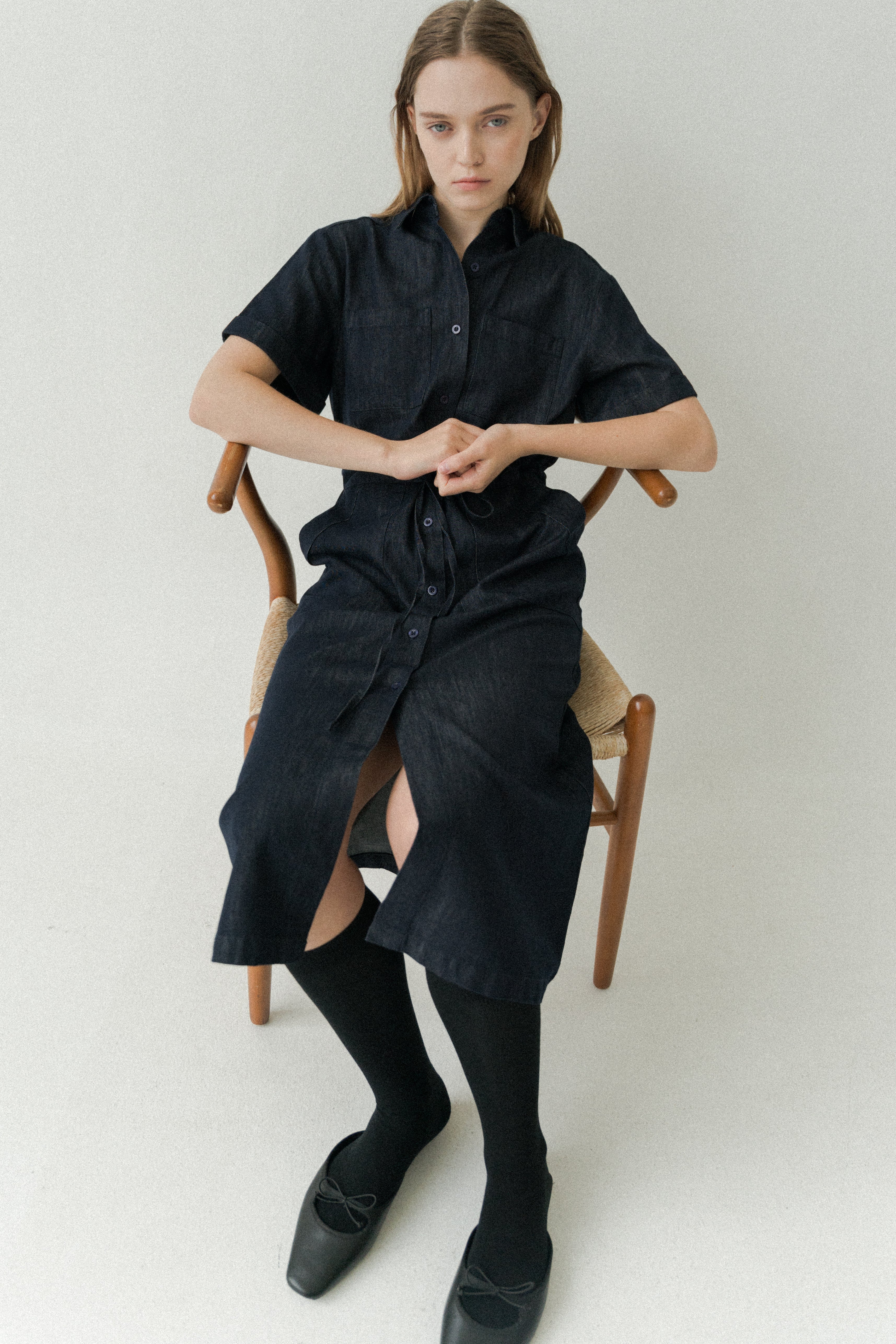 Denim Belted Midi Shirt Dress in Dark Wash