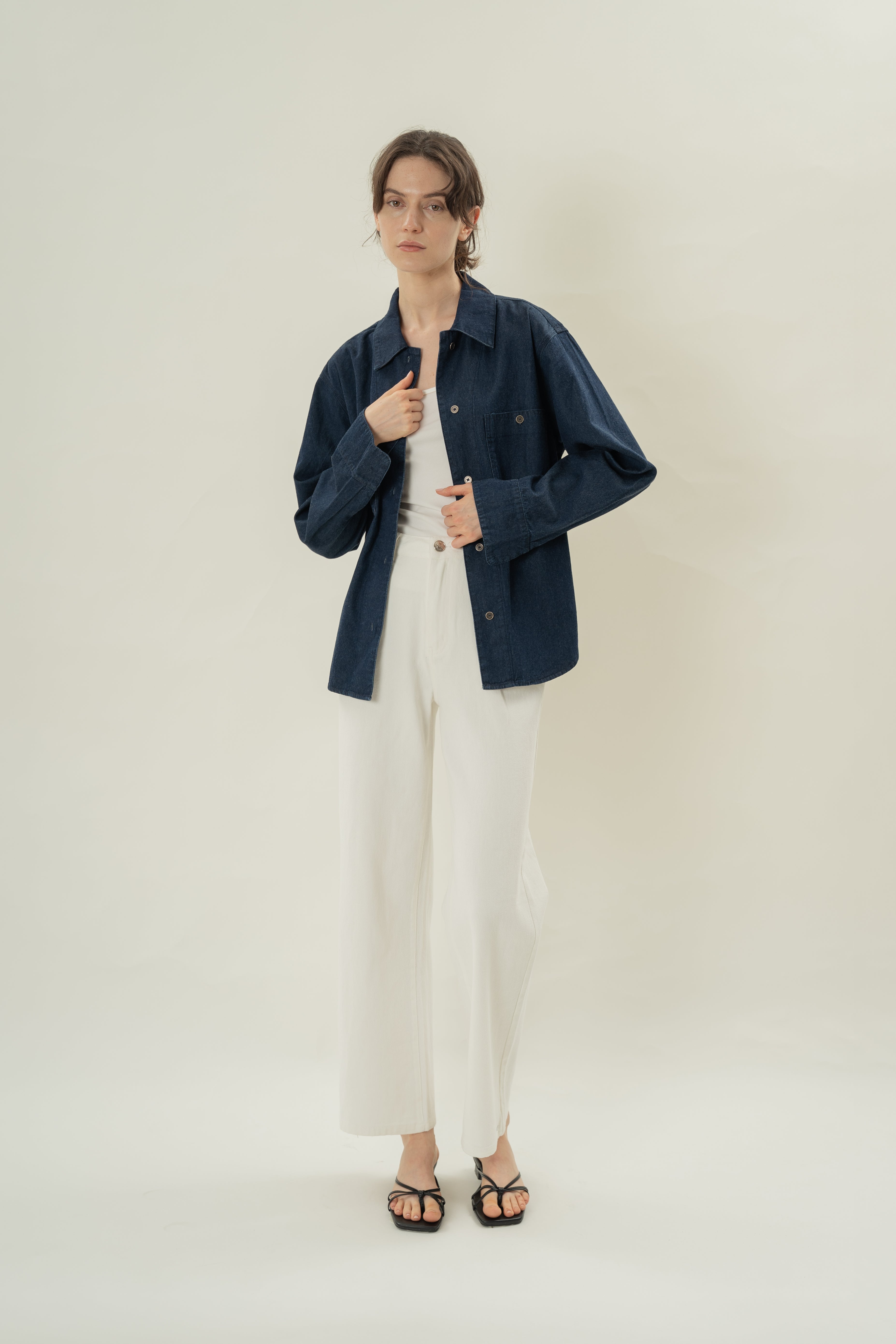 Button Through Denim Long Sleeved Shirt in Dark Wash