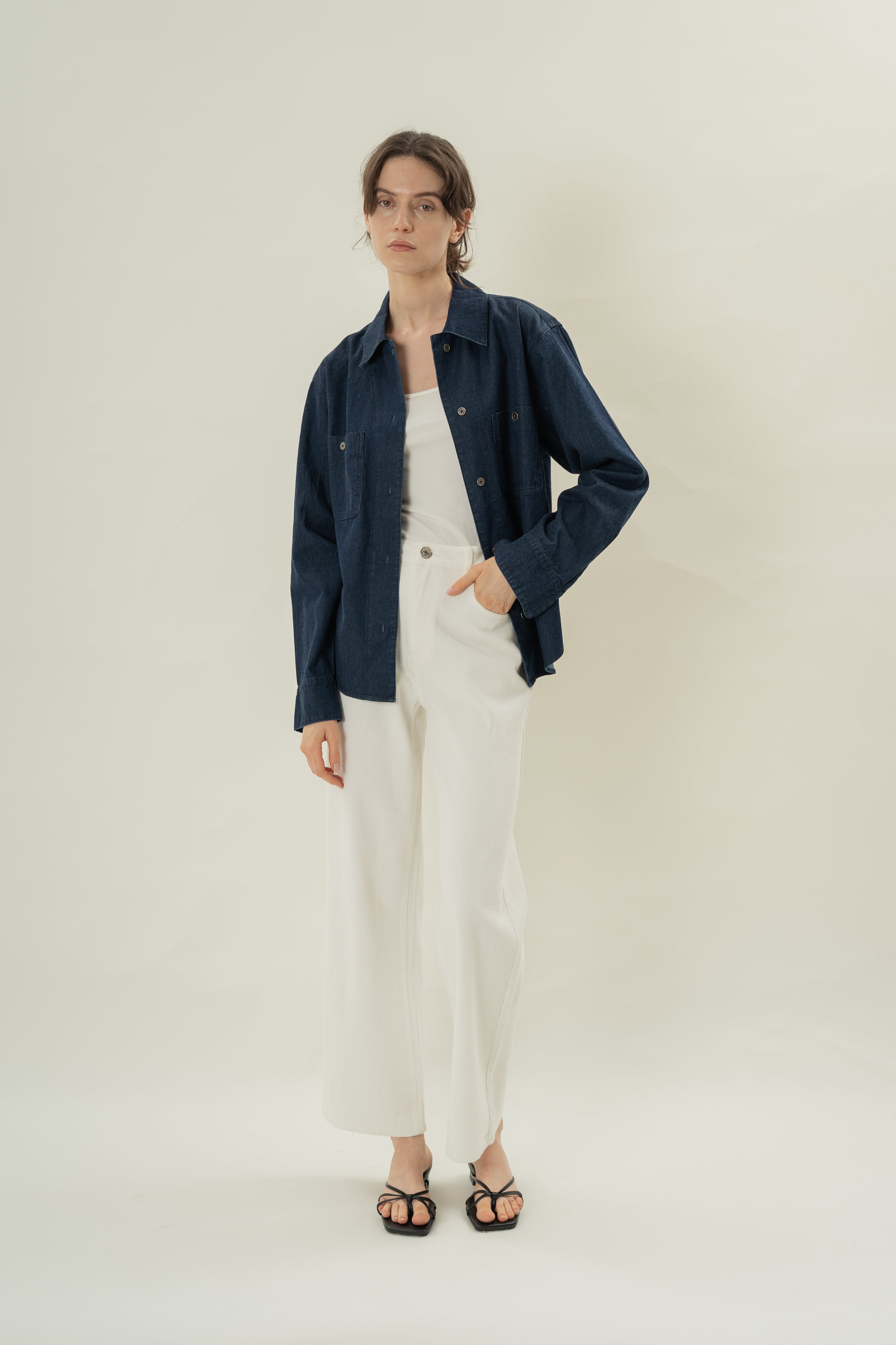 Button Through Denim Long Sleeved Shirt in Dark Wash