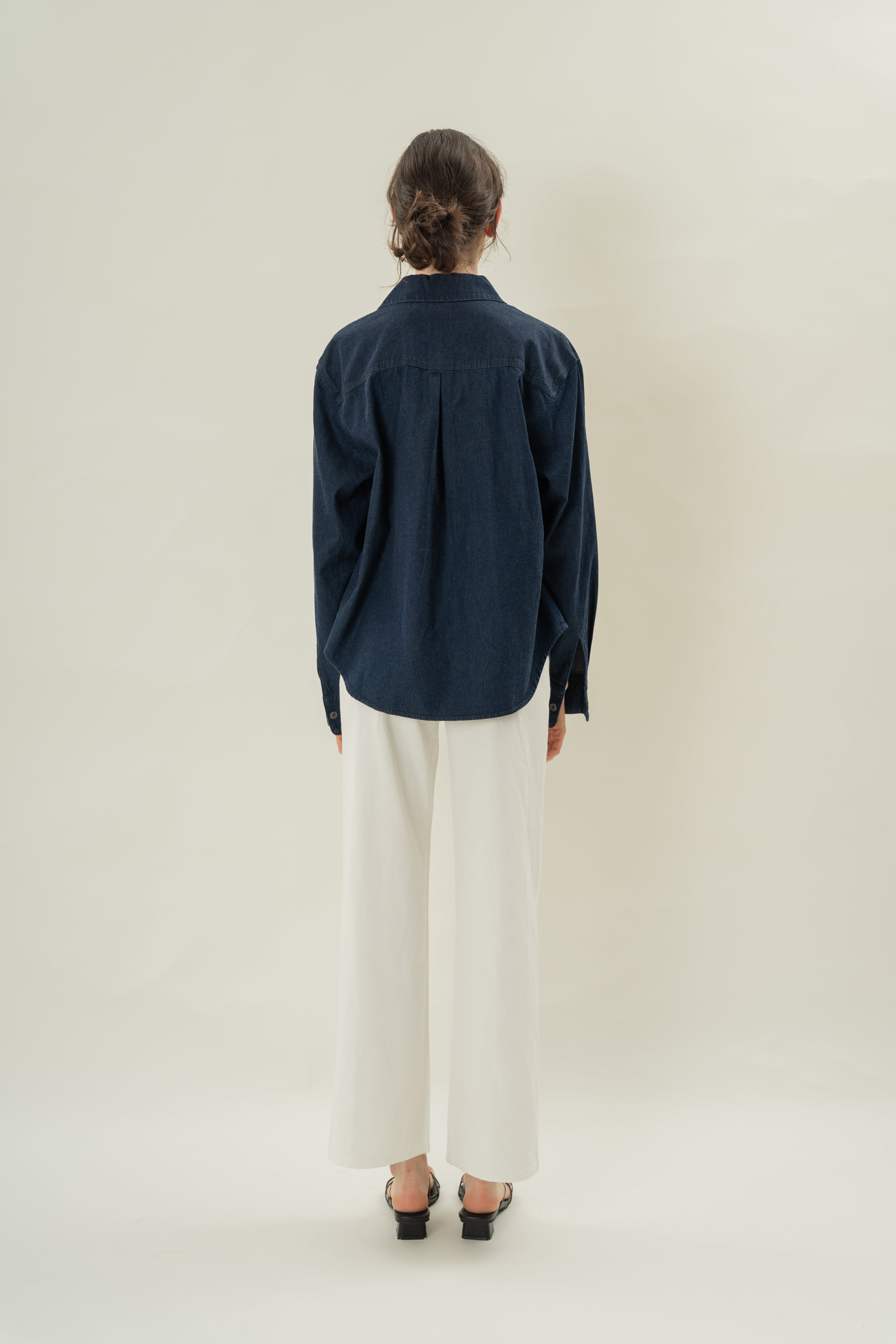 Button Through Denim Long Sleeved Shirt in Dark Wash