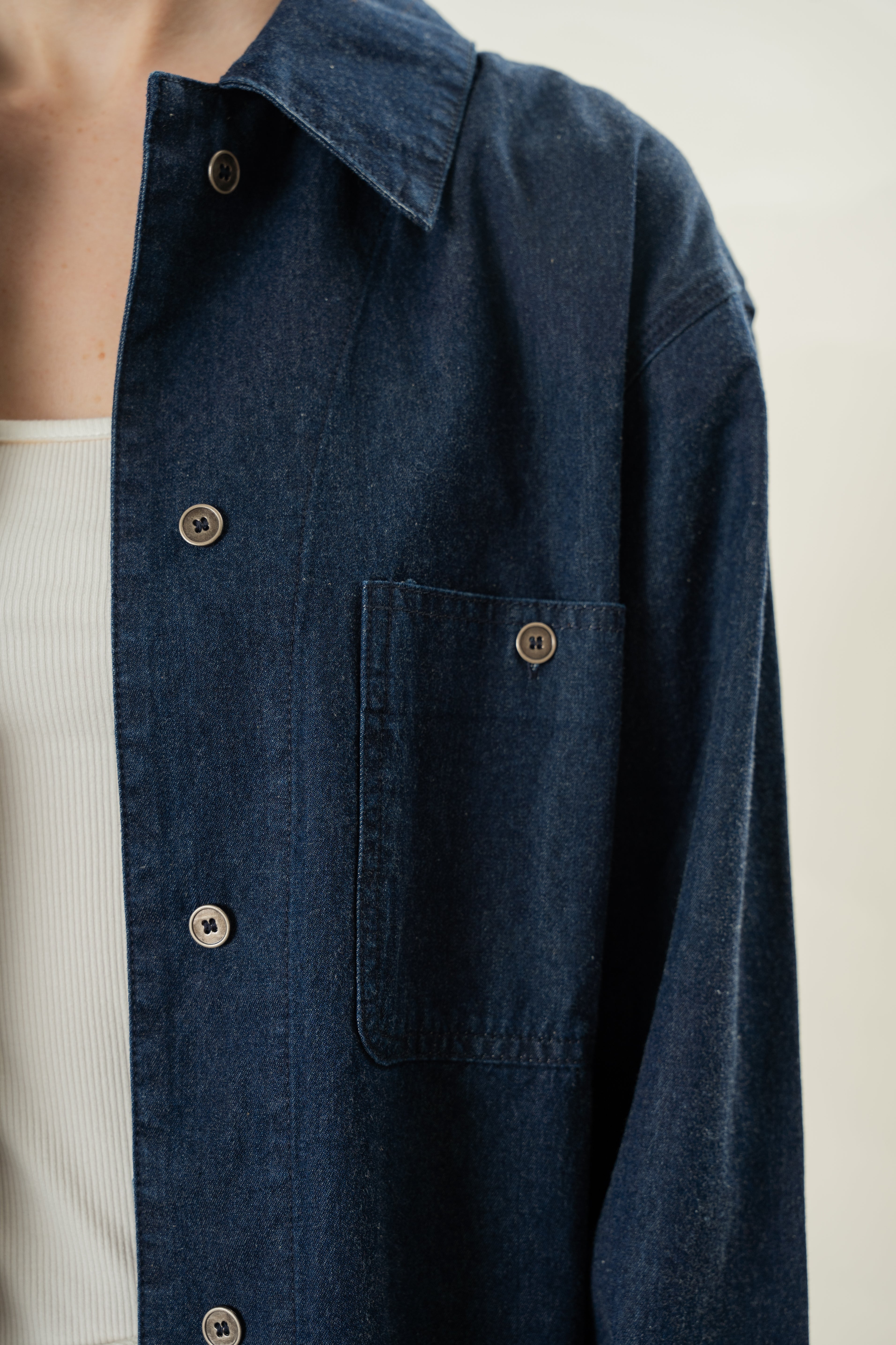 Button Through Denim Long Sleeved Shirt in Dark Wash