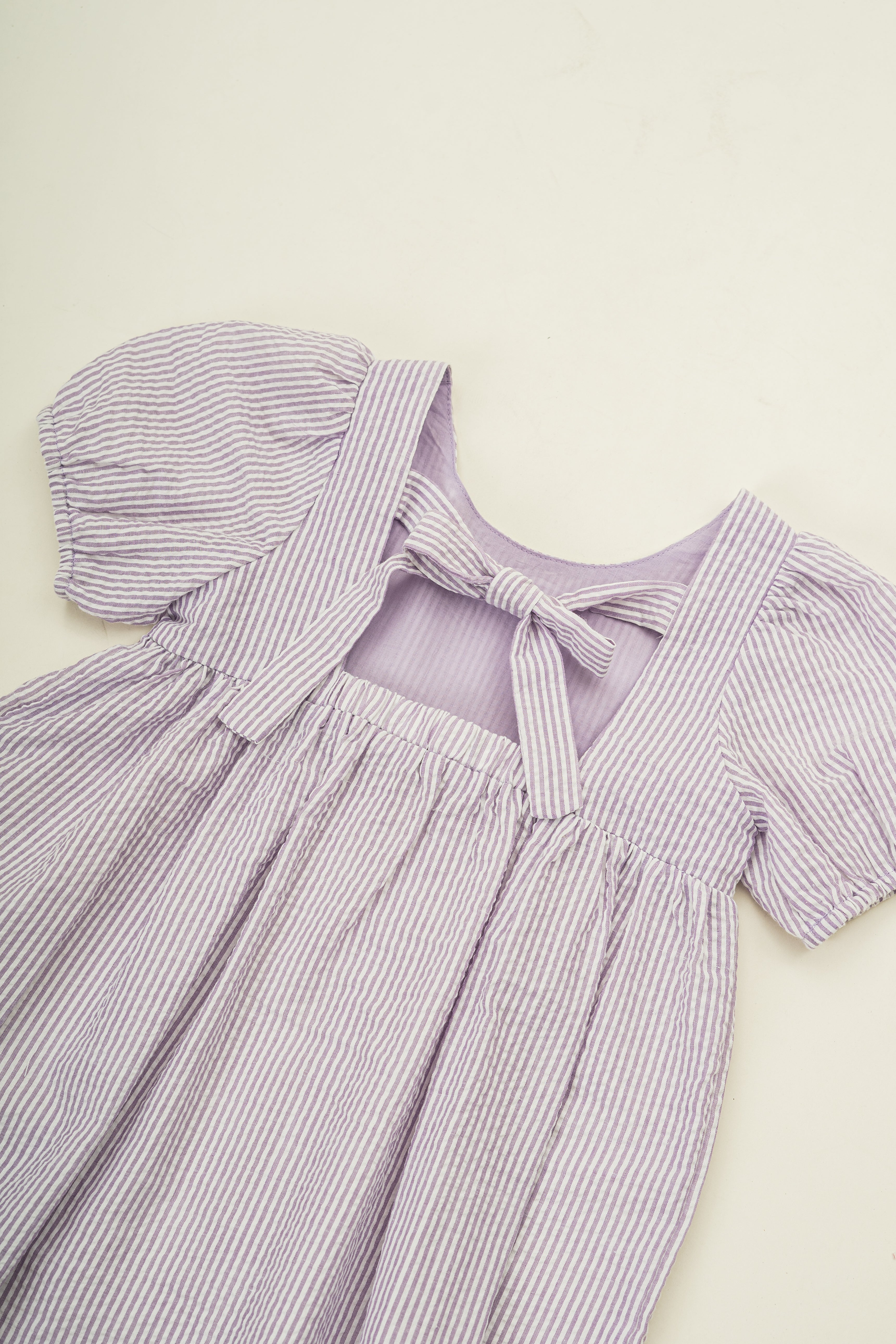 Mini Tie Back Short Sleeve Dress in Seersucker Orchid Stripes