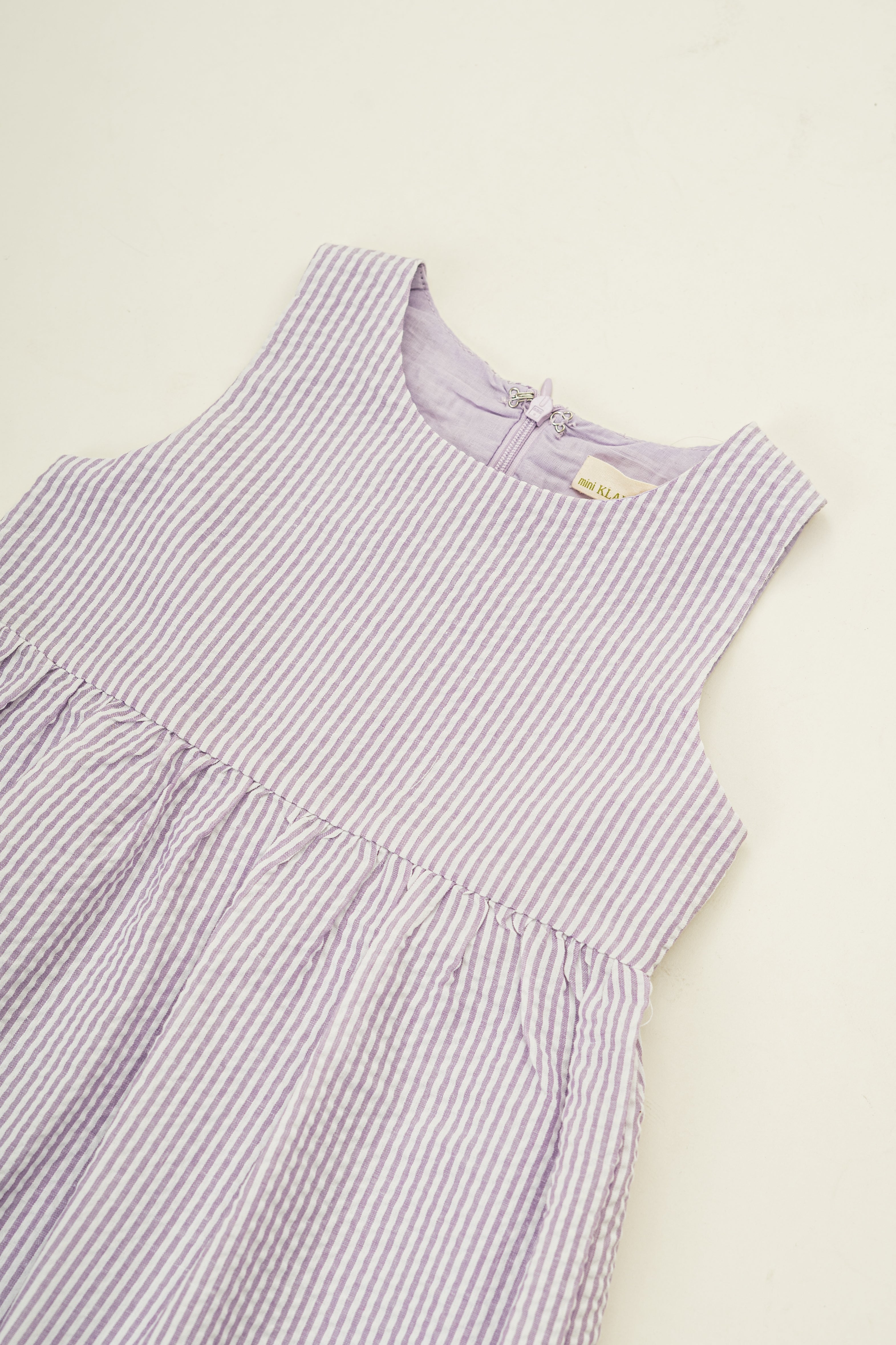 Mini Gathered Waist Dress in Seersucker Orchid Stripes