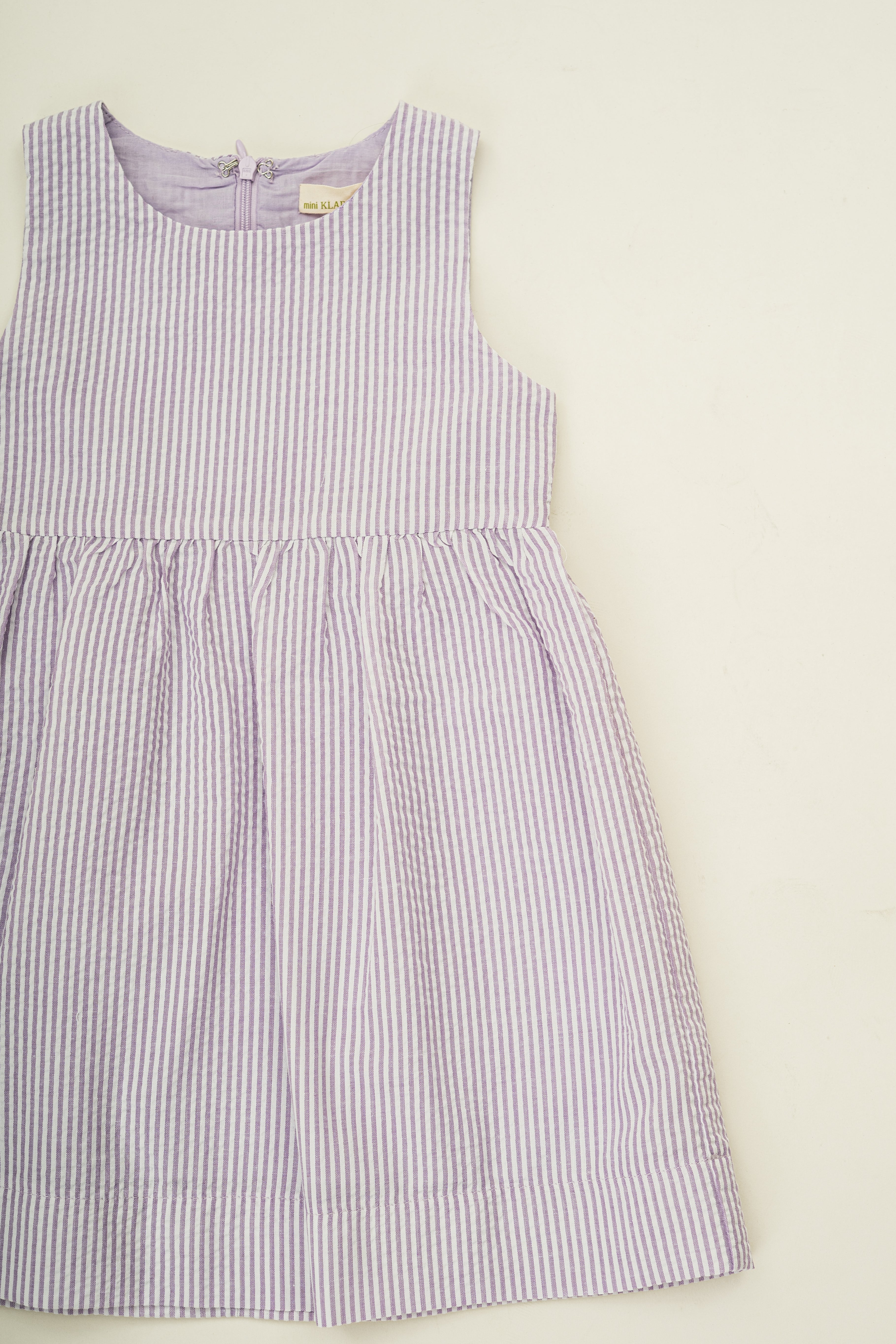 Mini Gathered Waist Dress in Seersucker Orchid Stripes