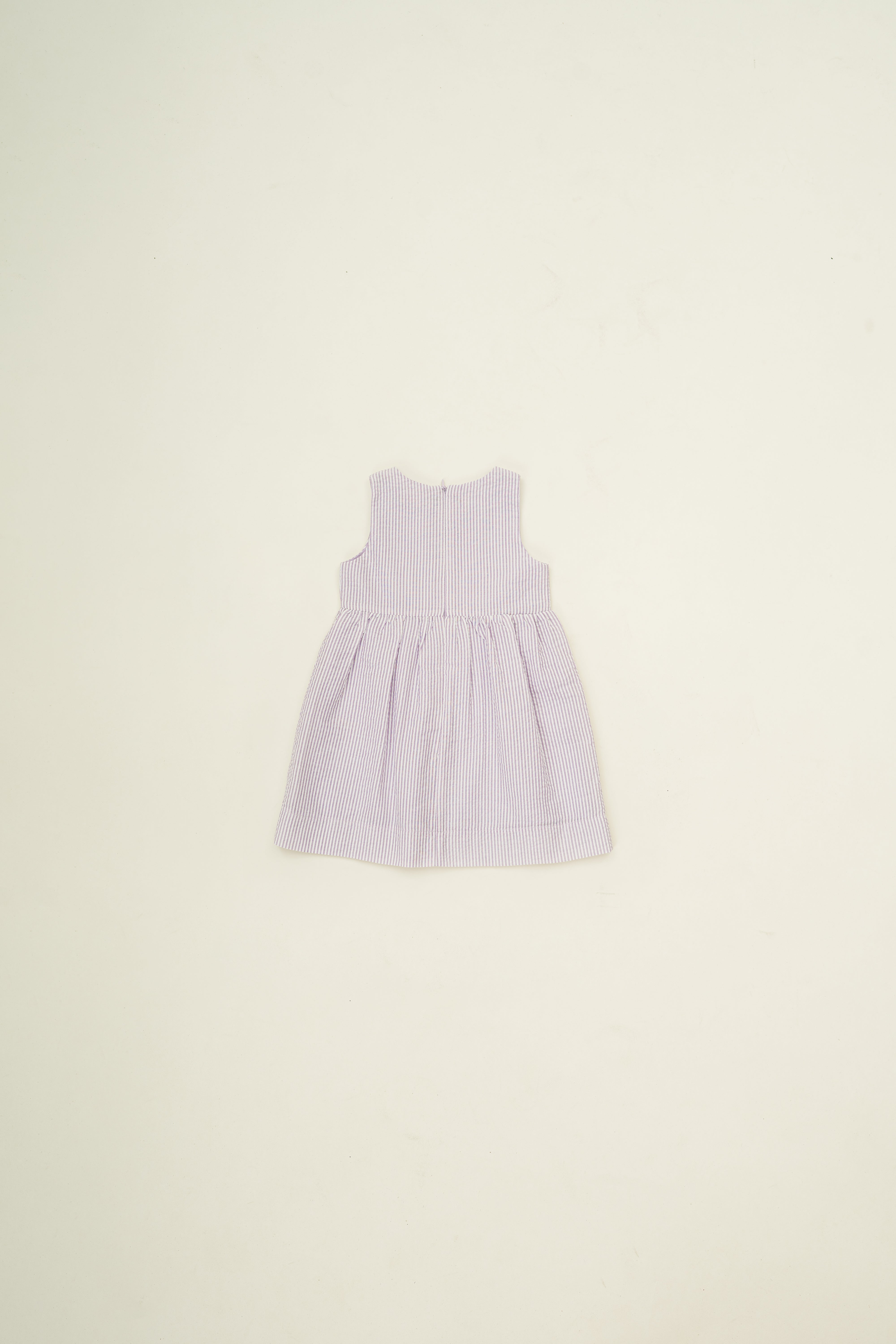 Mini Gathered Waist Dress in Seersucker Orchid Stripes