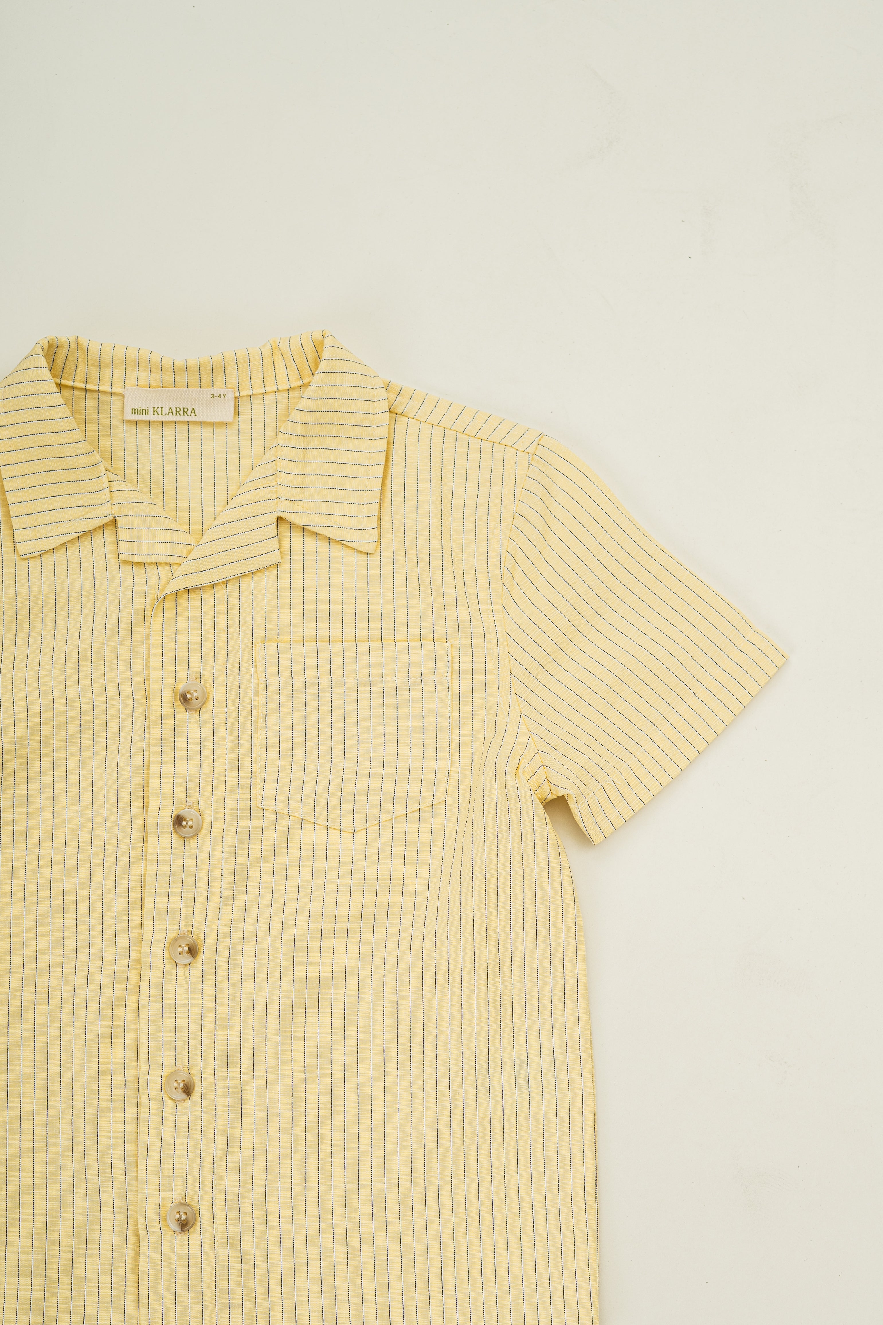 Mini Short Sleeve Pocket Shirt in Linen Blend Lemon Stripes
