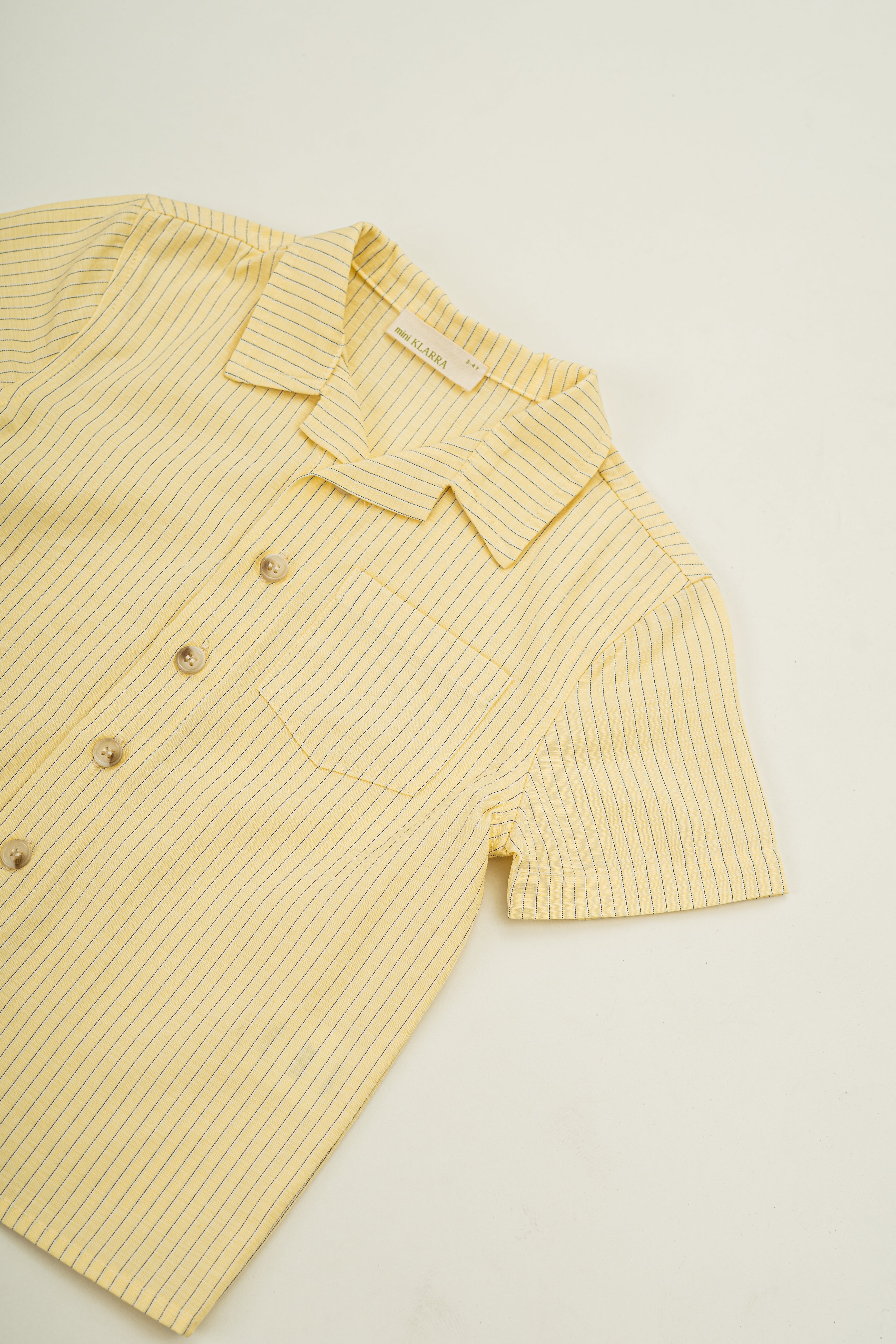 Mini Short Sleeve Pocket Shirt in Linen Blend Lemon Stripes