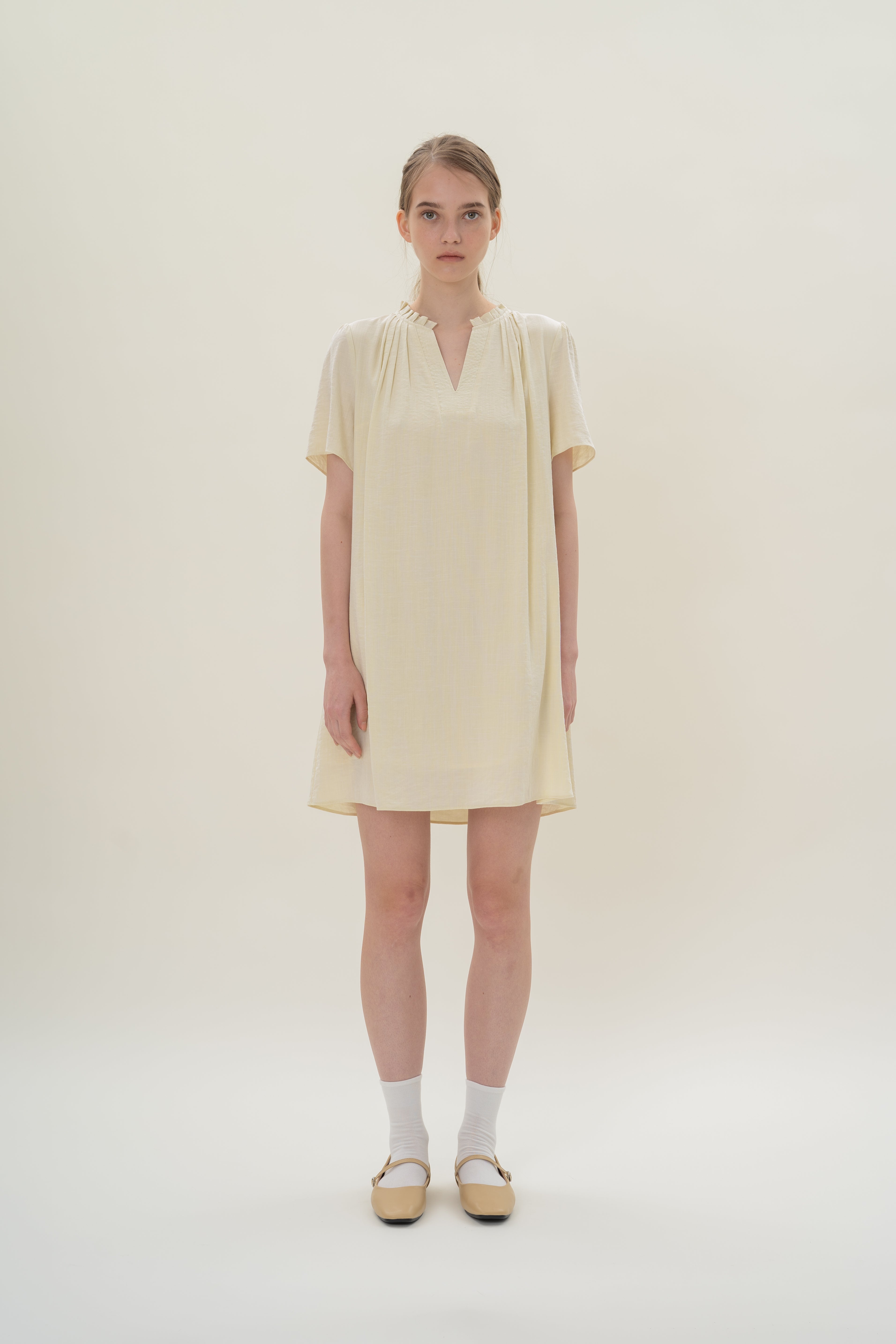 Pleated V Neck Dress in Natural