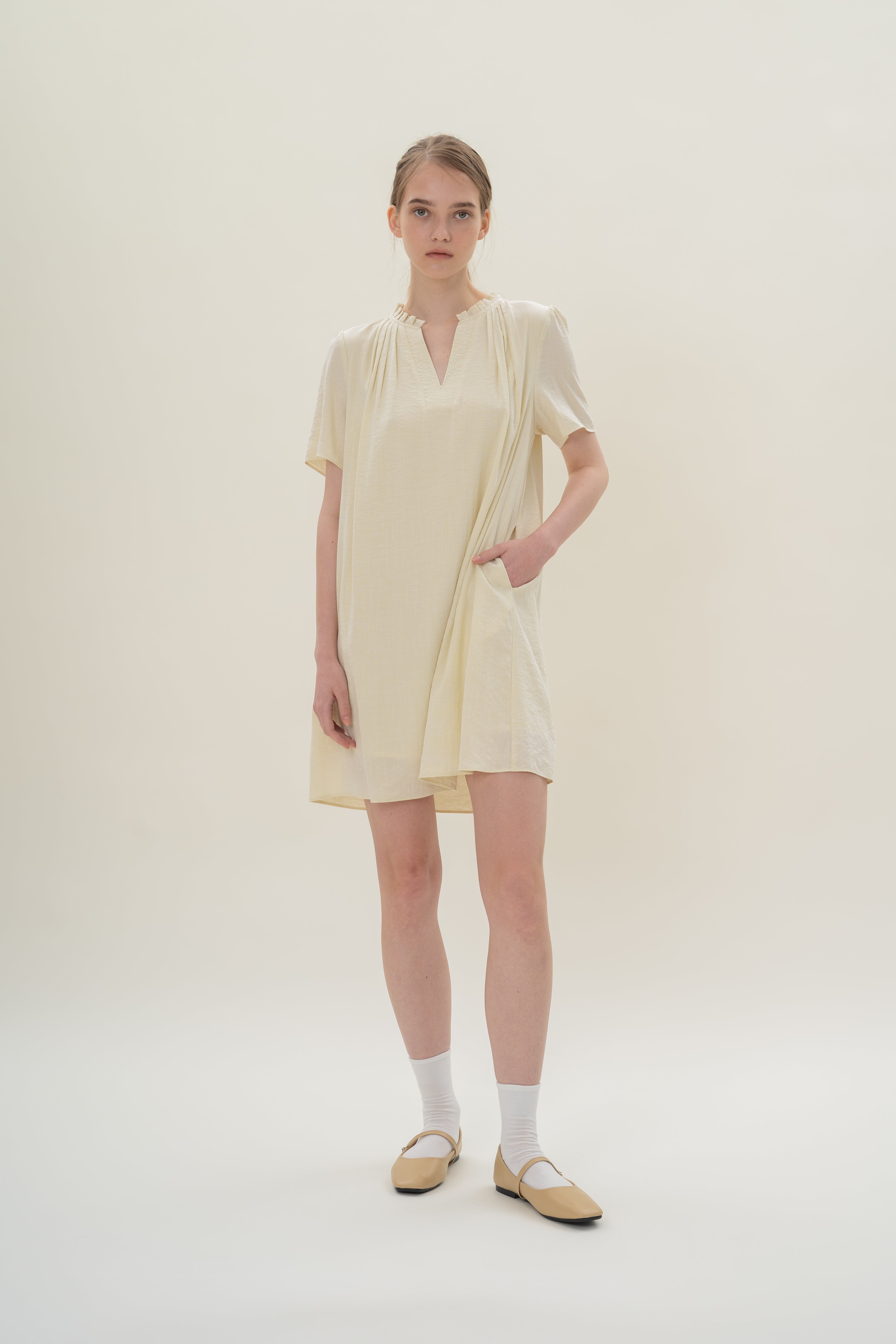 Pleated V Neck Dress in Natural