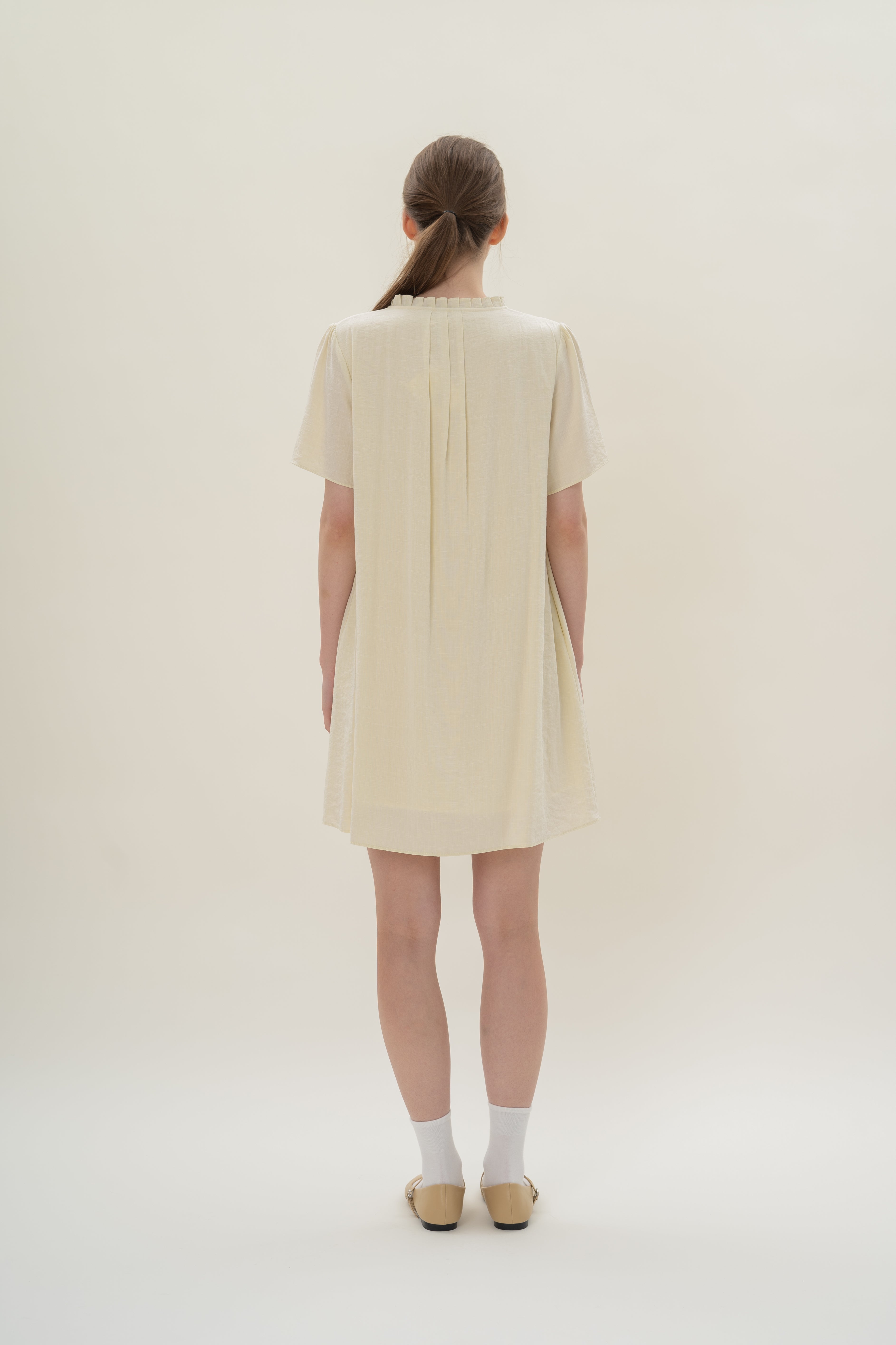 Pleated V Neck Dress in Natural