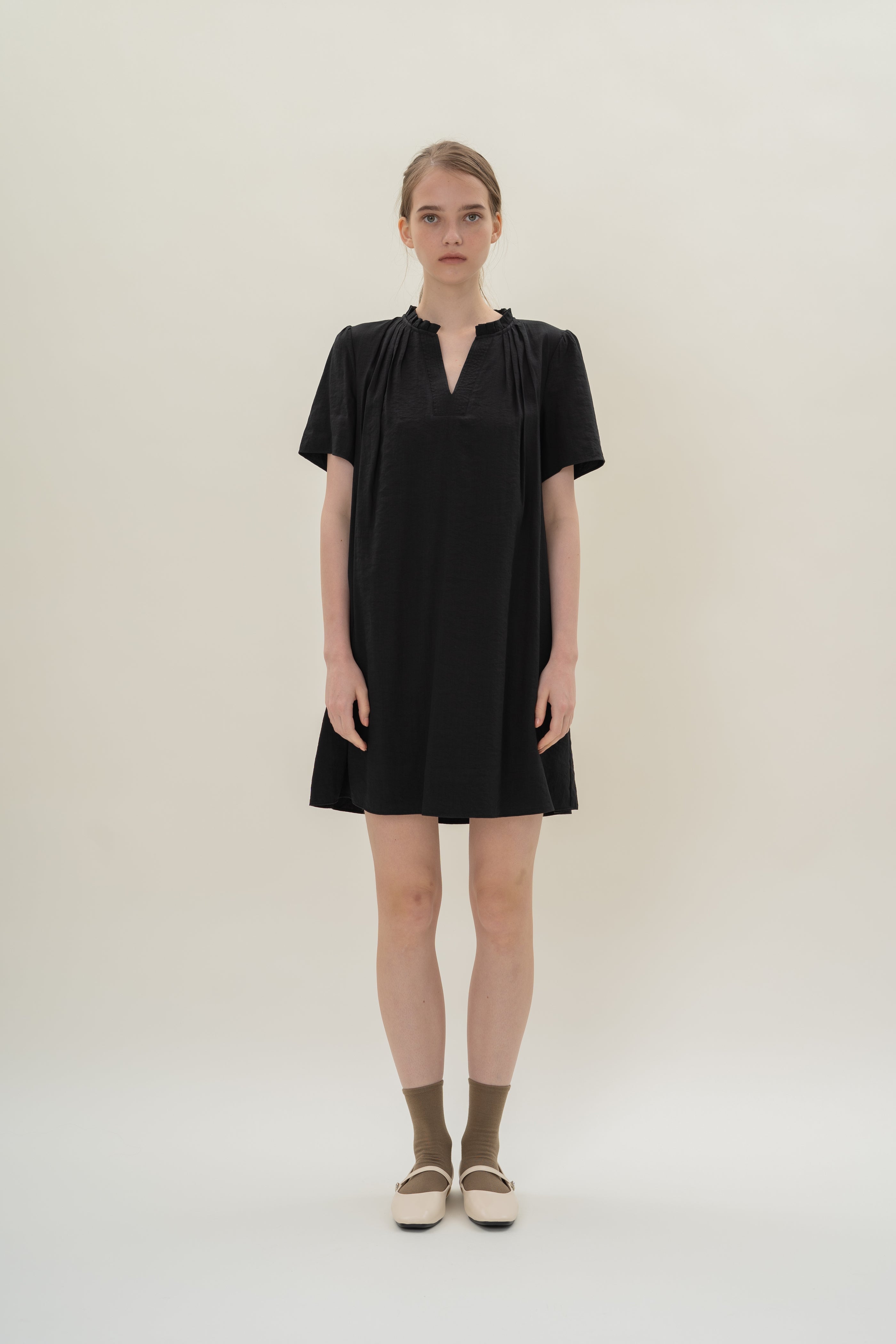 Pleated V Neck Dress in Black