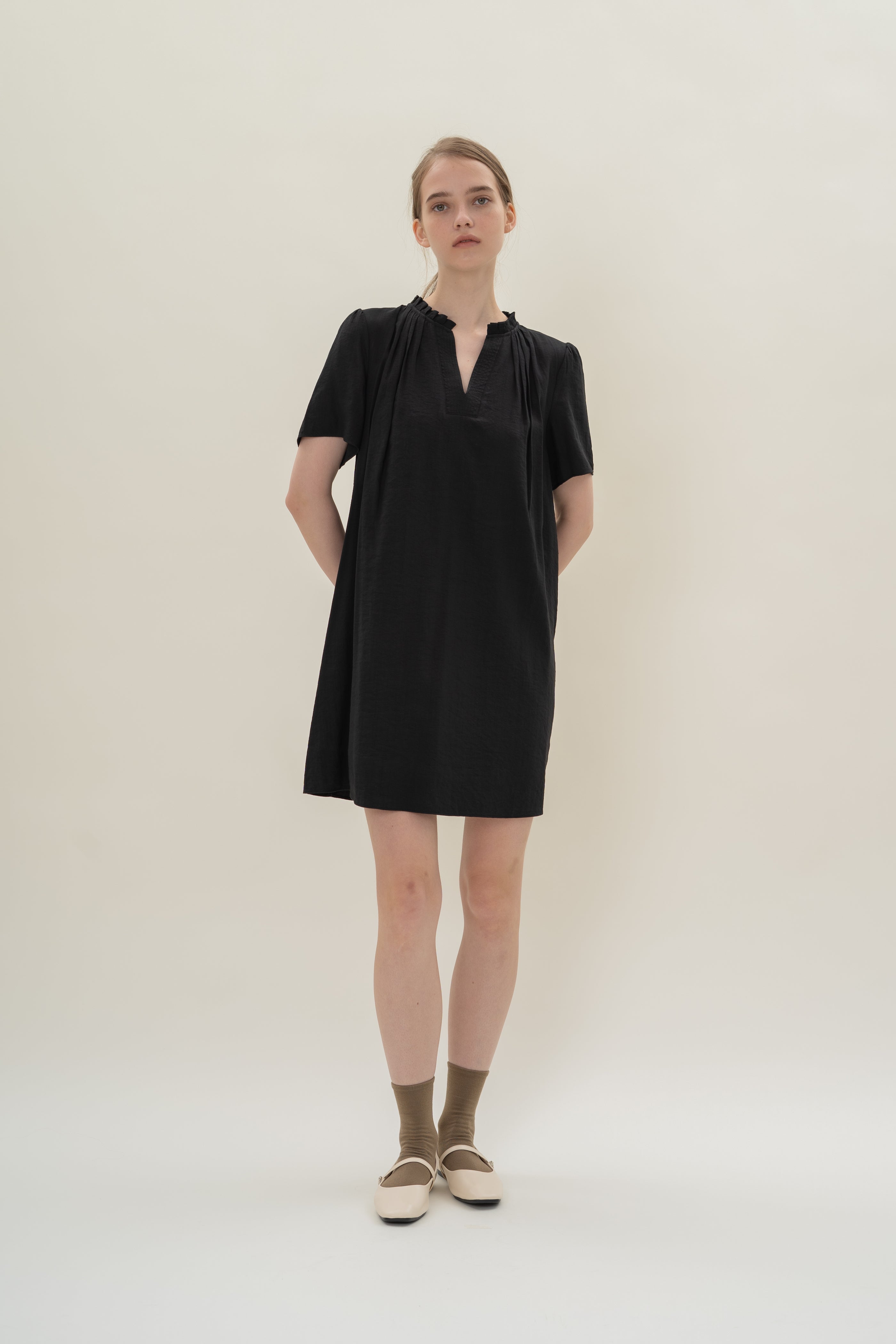 Pleated V Neck Dress in Black