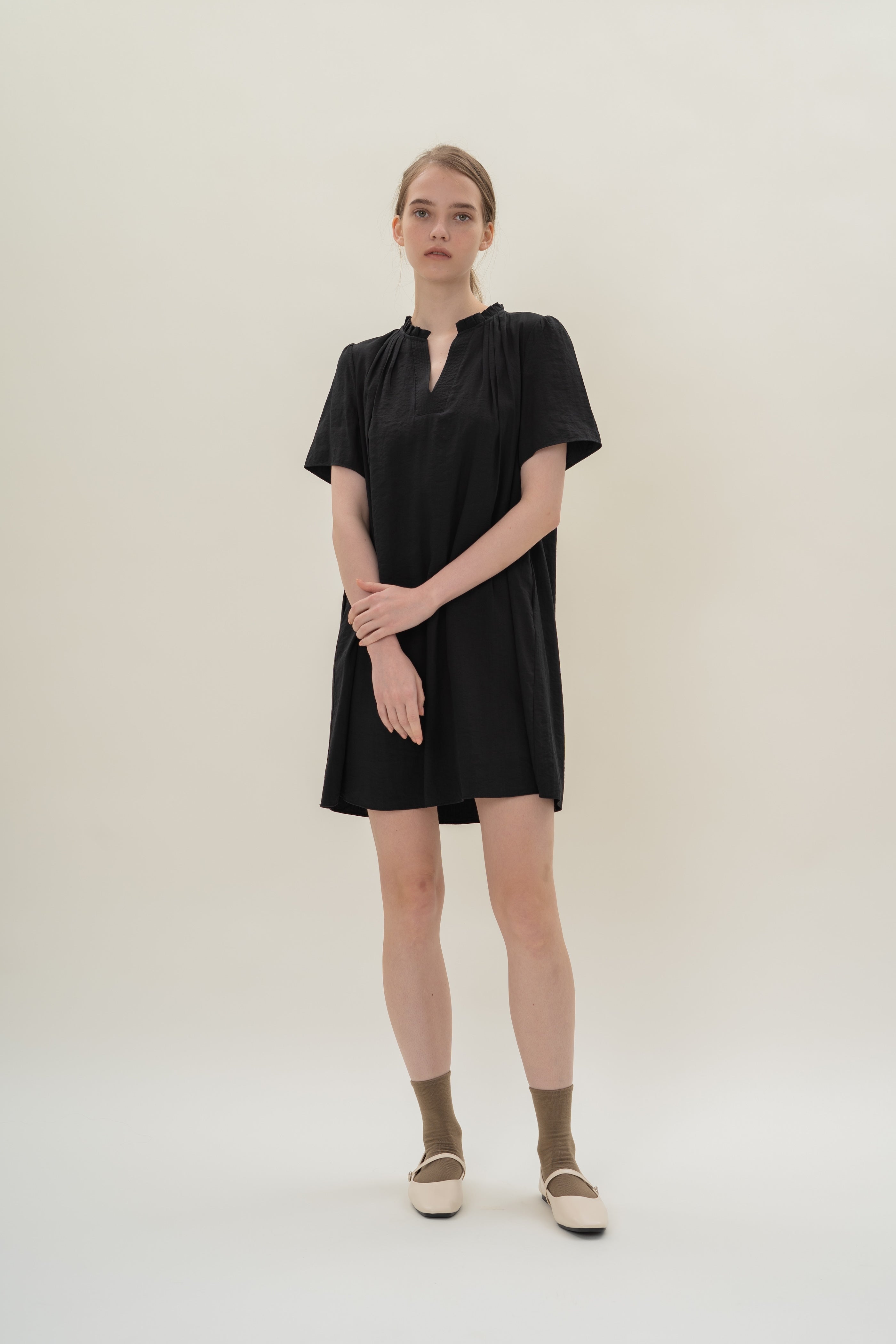 Pleated V Neck Dress in Black