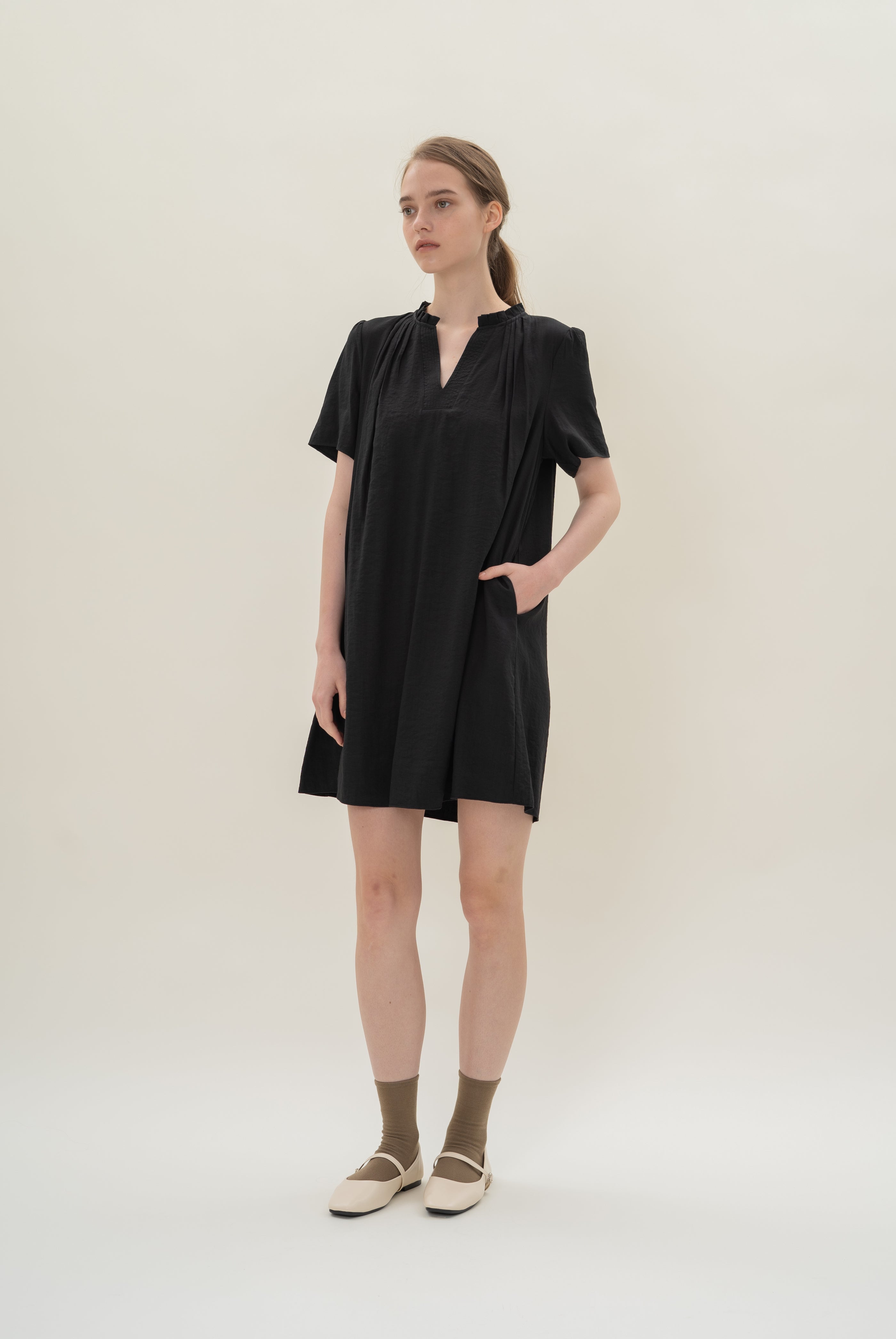 Pleated V Neck Dress in Black