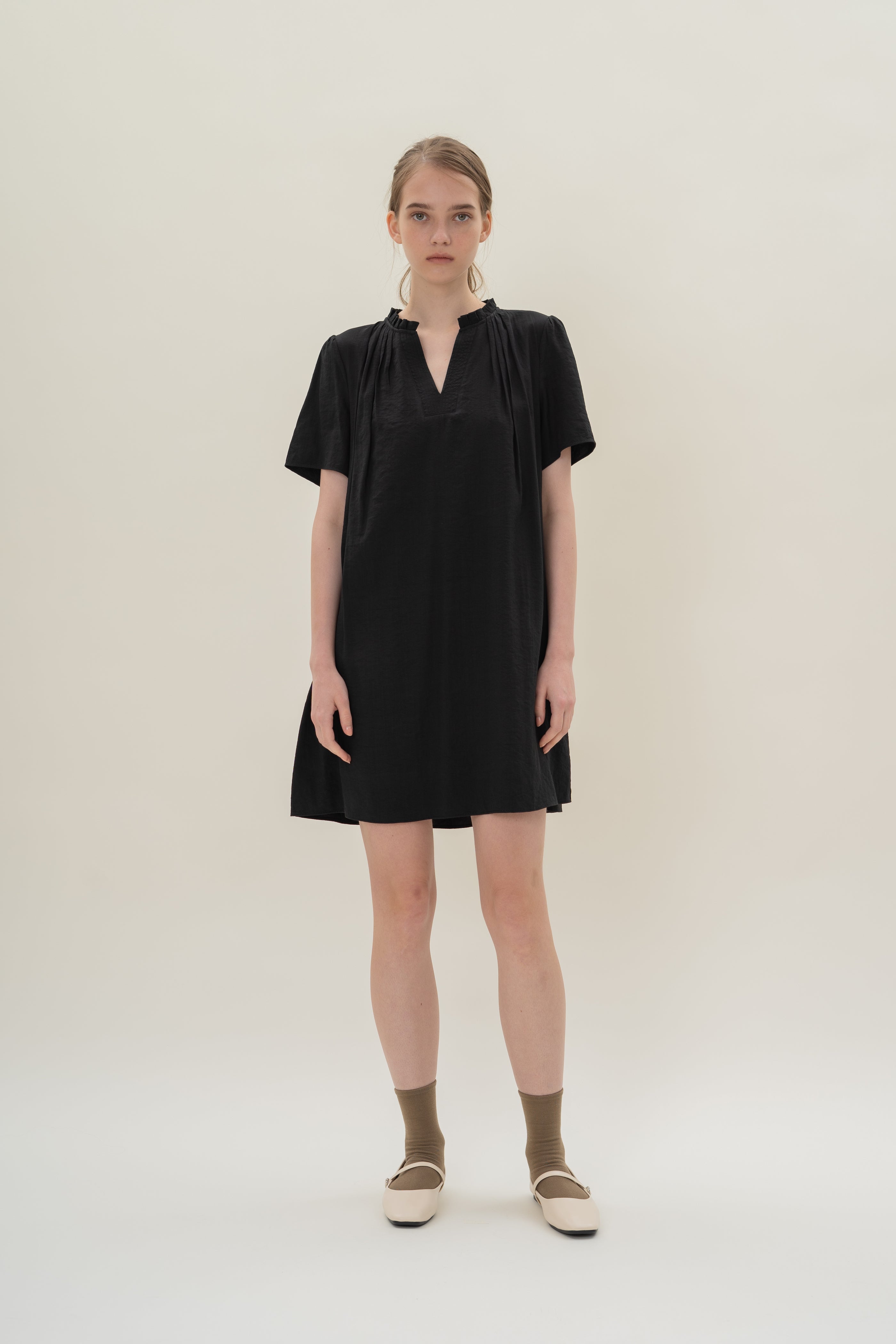 Pleated V Neck Dress in Black