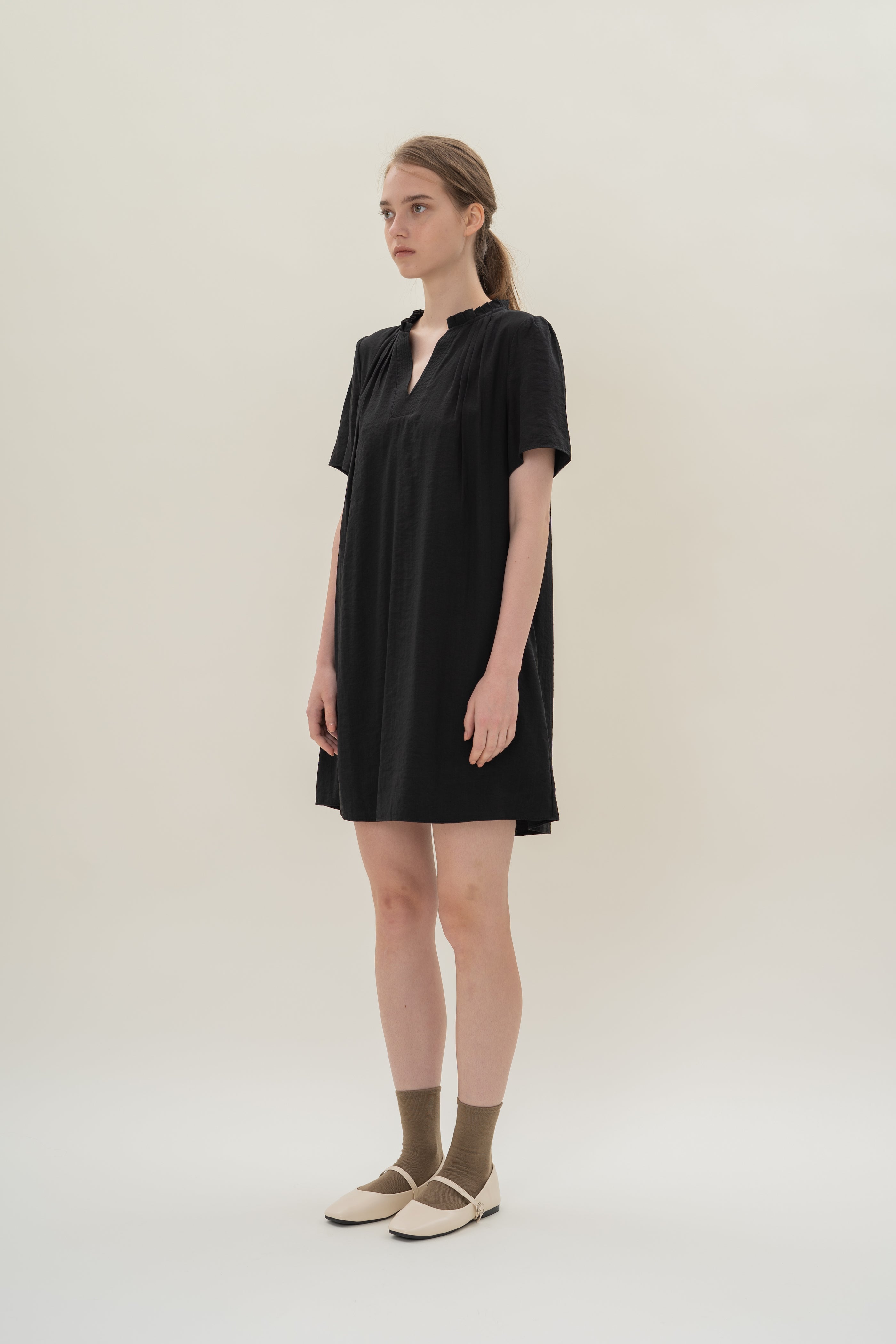Pleated V Neck Dress in Black
