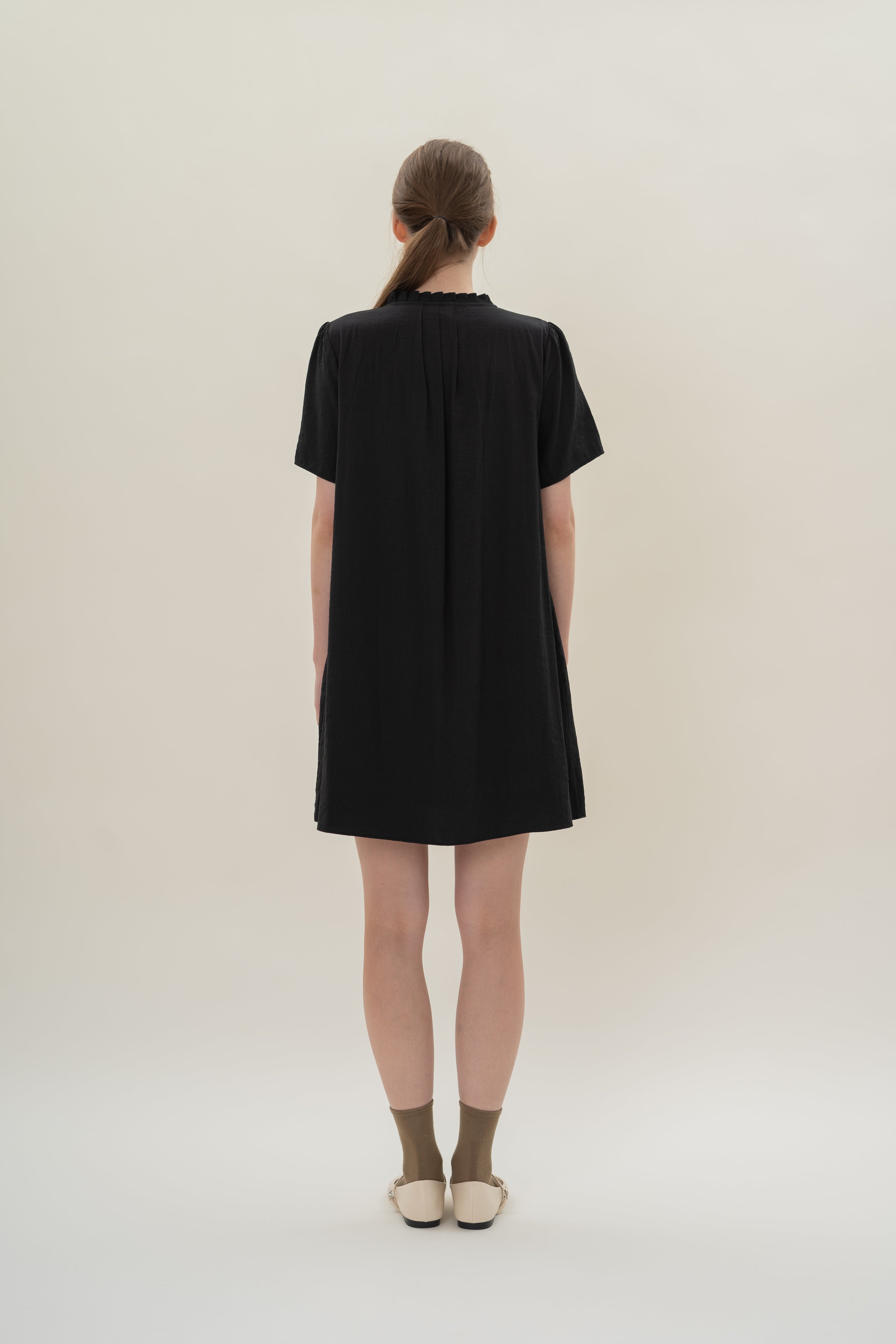 Pleated V Neck Dress in Black