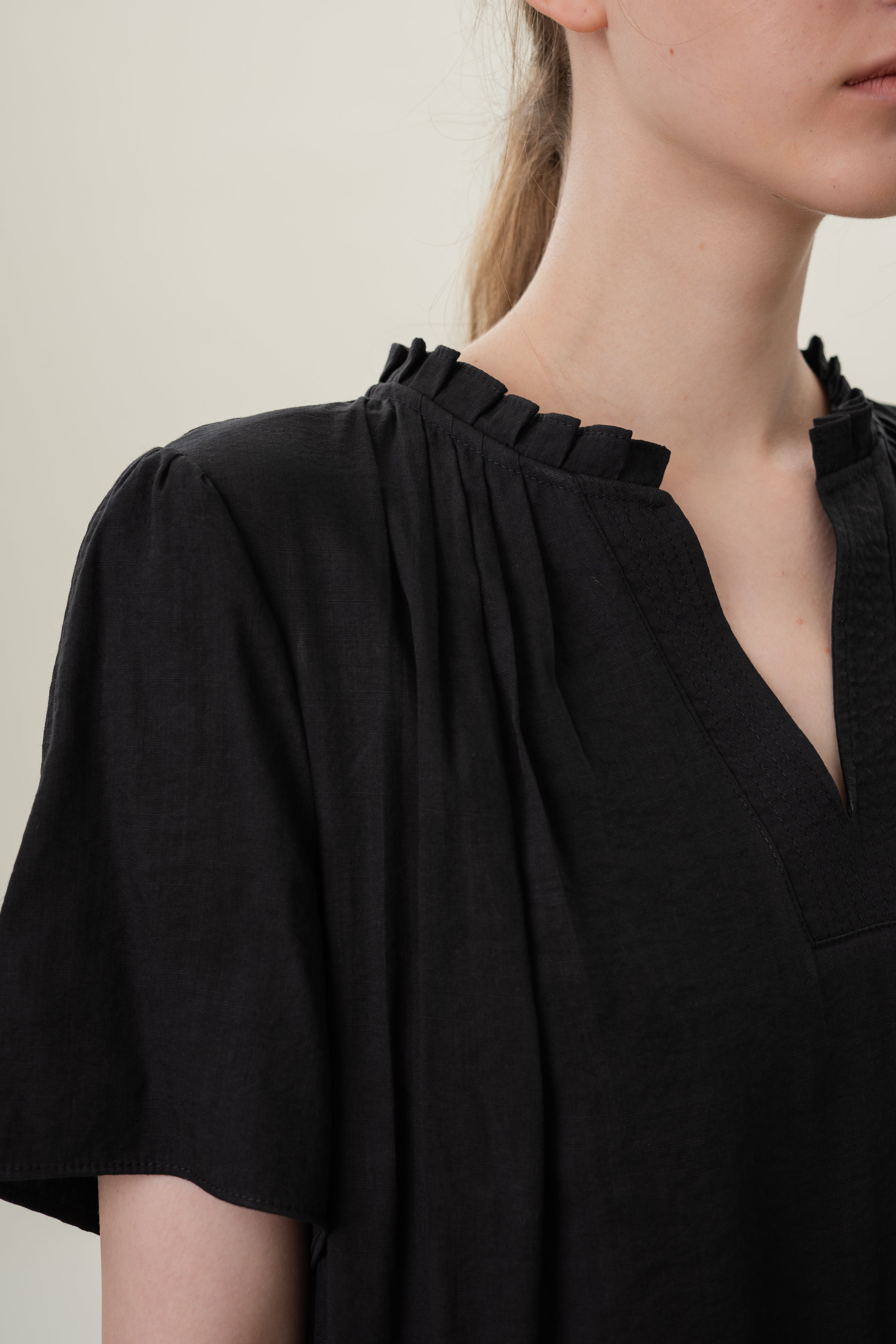 Pleated V Neck Dress in Black