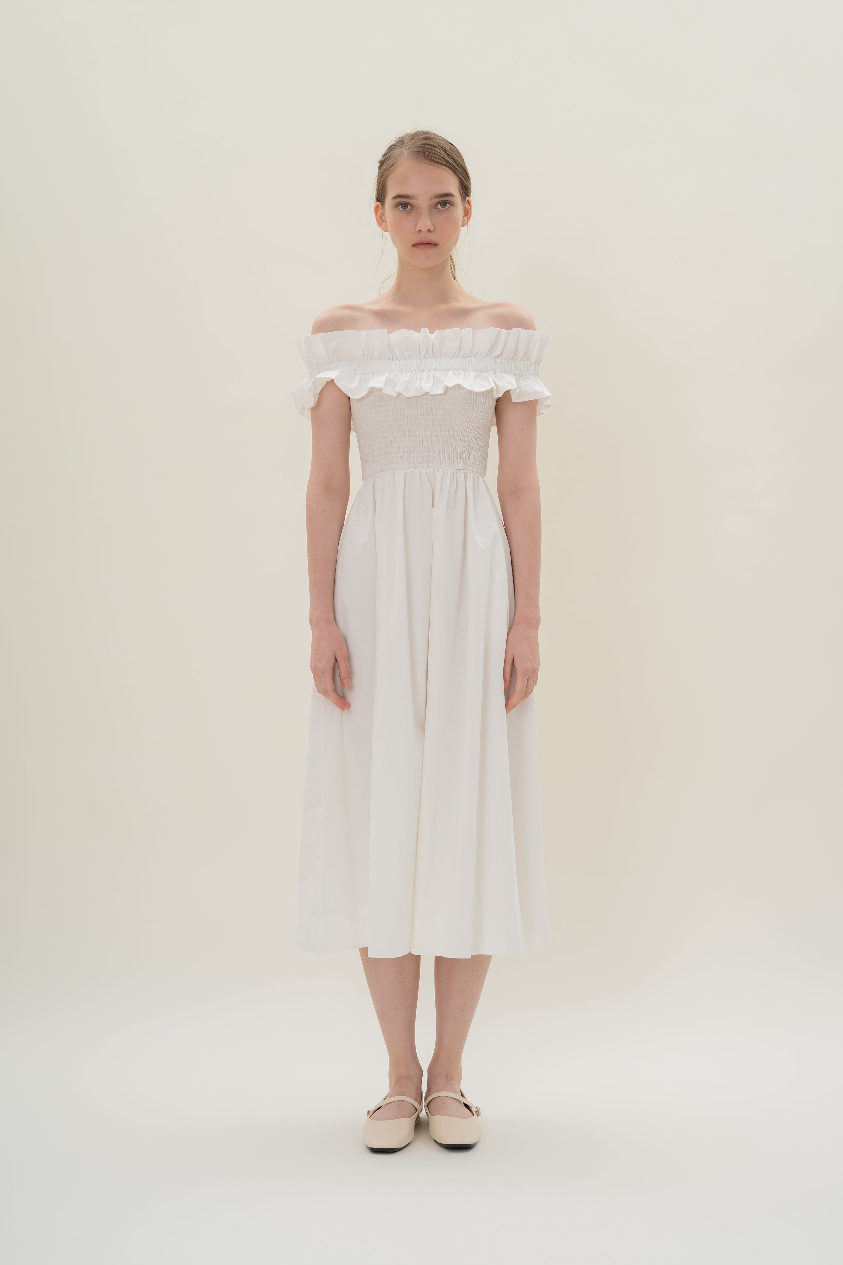 Off Shoulder Dress with Ruffles in White